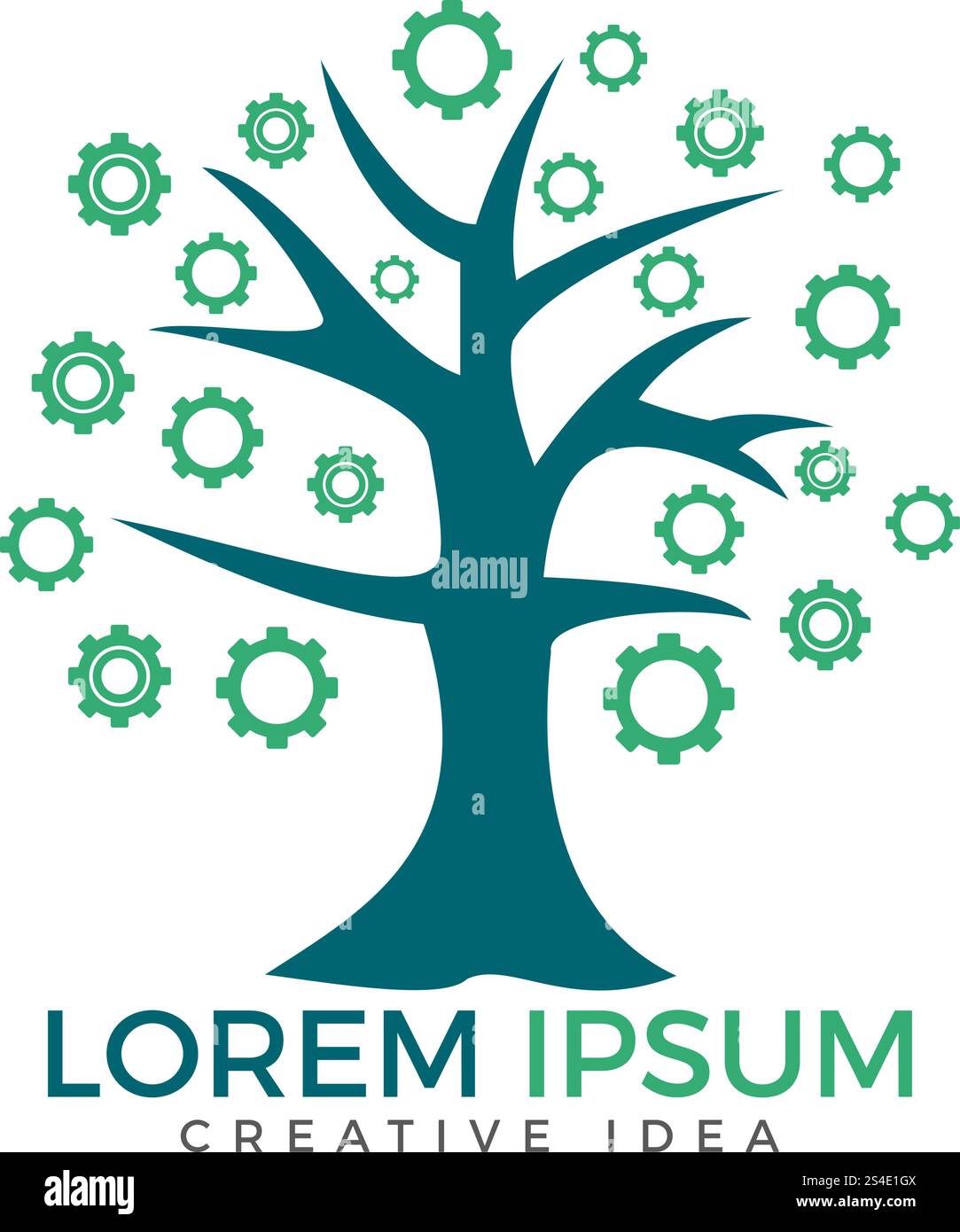 Logo industriale con albero e ingranaggi stilizzati. Logo Nature Gear Illustrazione Vettoriale