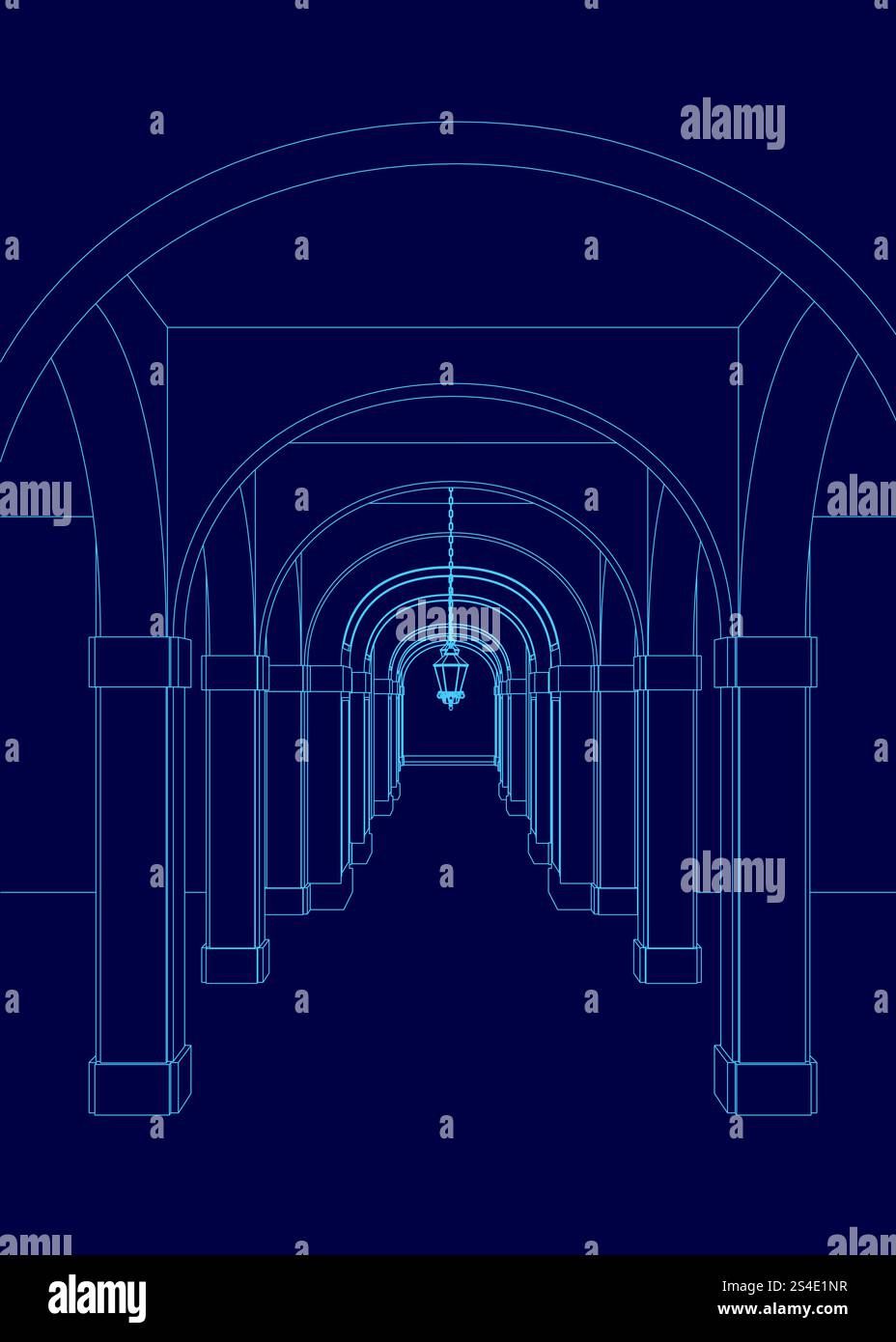 Disegno blu di un lungo corridoio con una luce appesa al soffitto. Il corridoio è vuoto e la luce è l'unica fonte di illuminazione Illustrazione Vettoriale