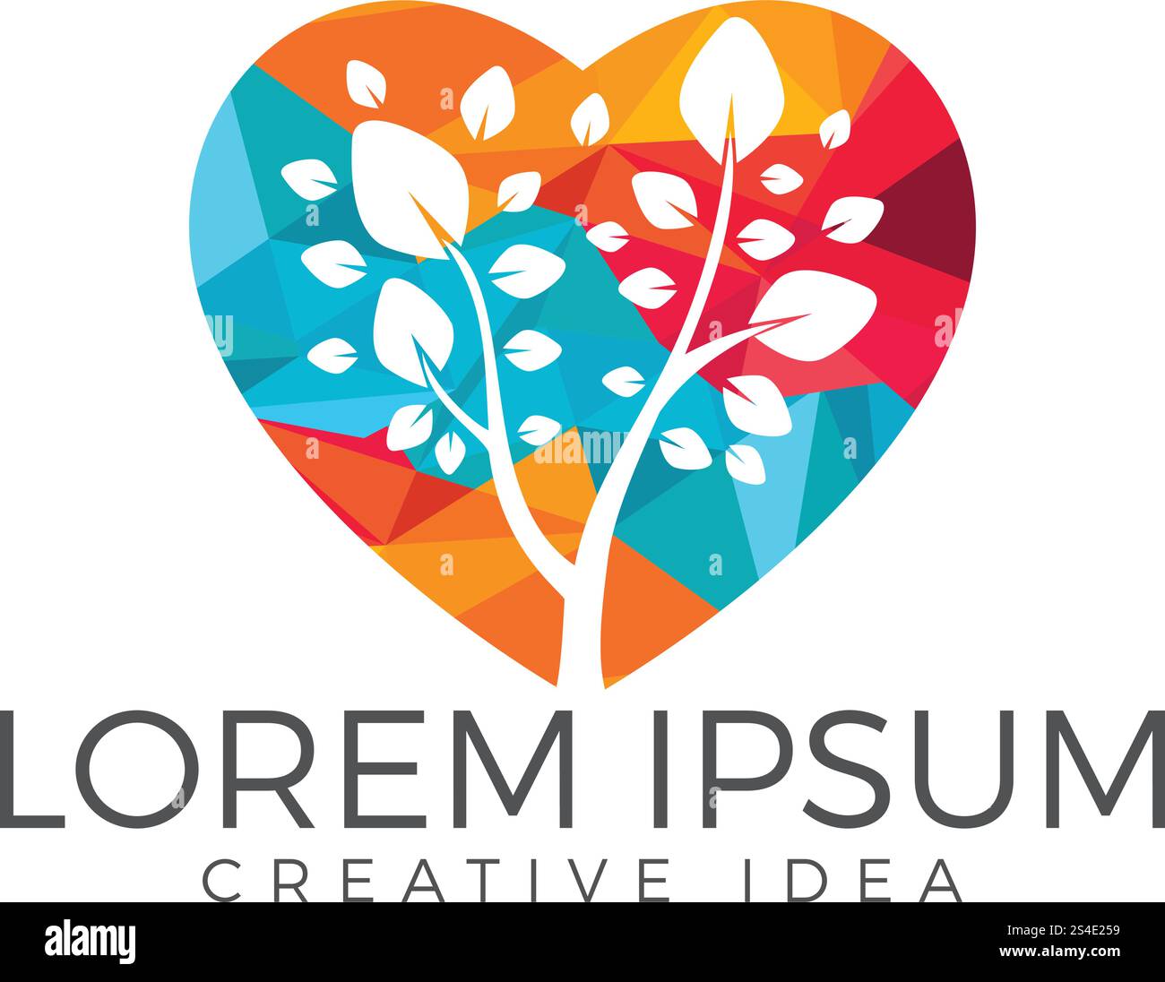 Albero vettoriale semplice con brunch e foglie. Logo della medicina alternativa. Segno a forma di cuore. Illustrazione Vettoriale