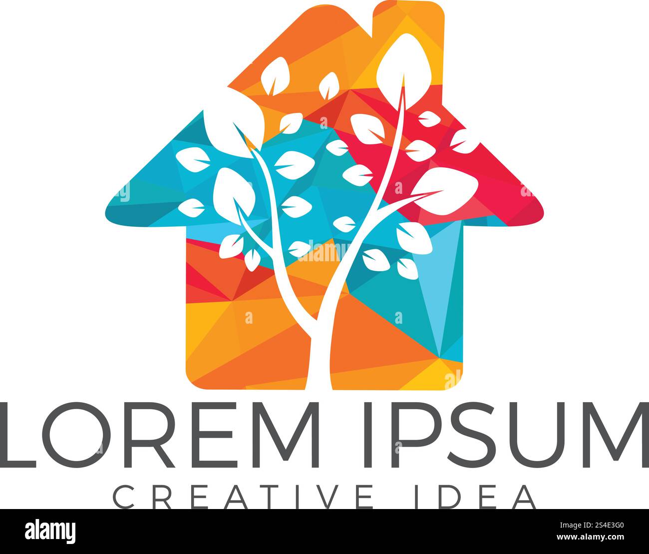 Albero vettoriale semplice con brunch e foglie. Logo della medicina alternativa. Insegna a forma di casa. Illustrazione Vettoriale