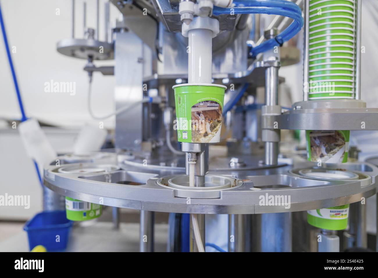 La macchina di riempimento industriale riempie il gelato in vasche verdi, produzione di gelato Haselstaller Hof, distretto di Calw, Foresta Nera, Germania, Europa Foto Stock