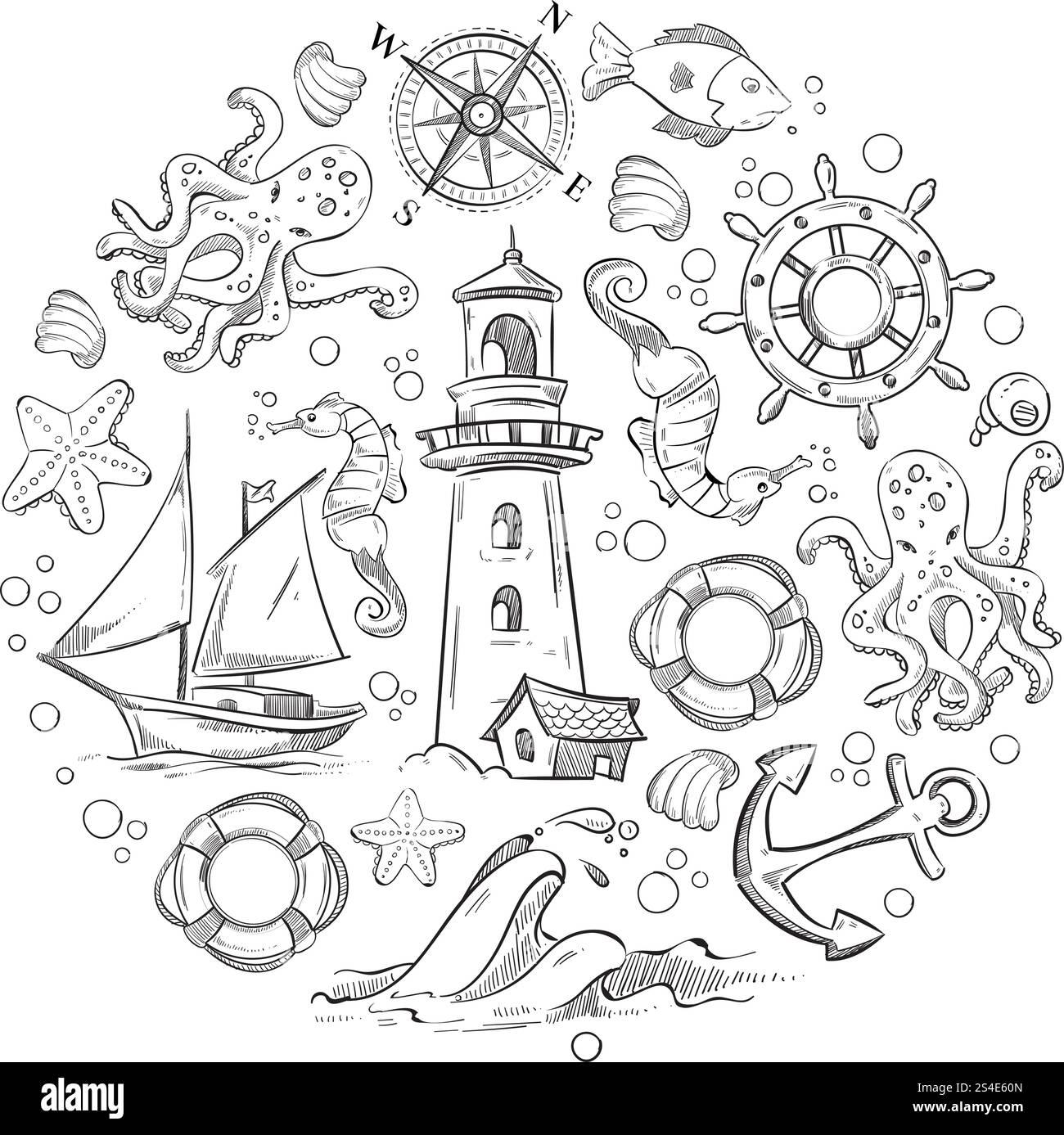 Vita sottomarina, elementi vettoriali marini. Bussola e stelle marine, polpo e faro, illustrazione di un distintivo marino vintage. Vita sottomarina, elementi vettoriali marini Illustrazione Vettoriale