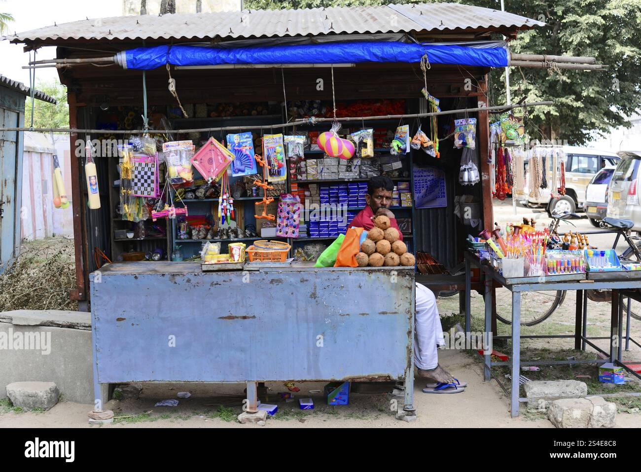 Kanchipuram, Tamil Nadu, India del Sud, Un piccolo mercato che vende vari beni e noci di cocco anima la scena di strada, Kanchipuram, Tamil Nadu, Sout Foto Stock