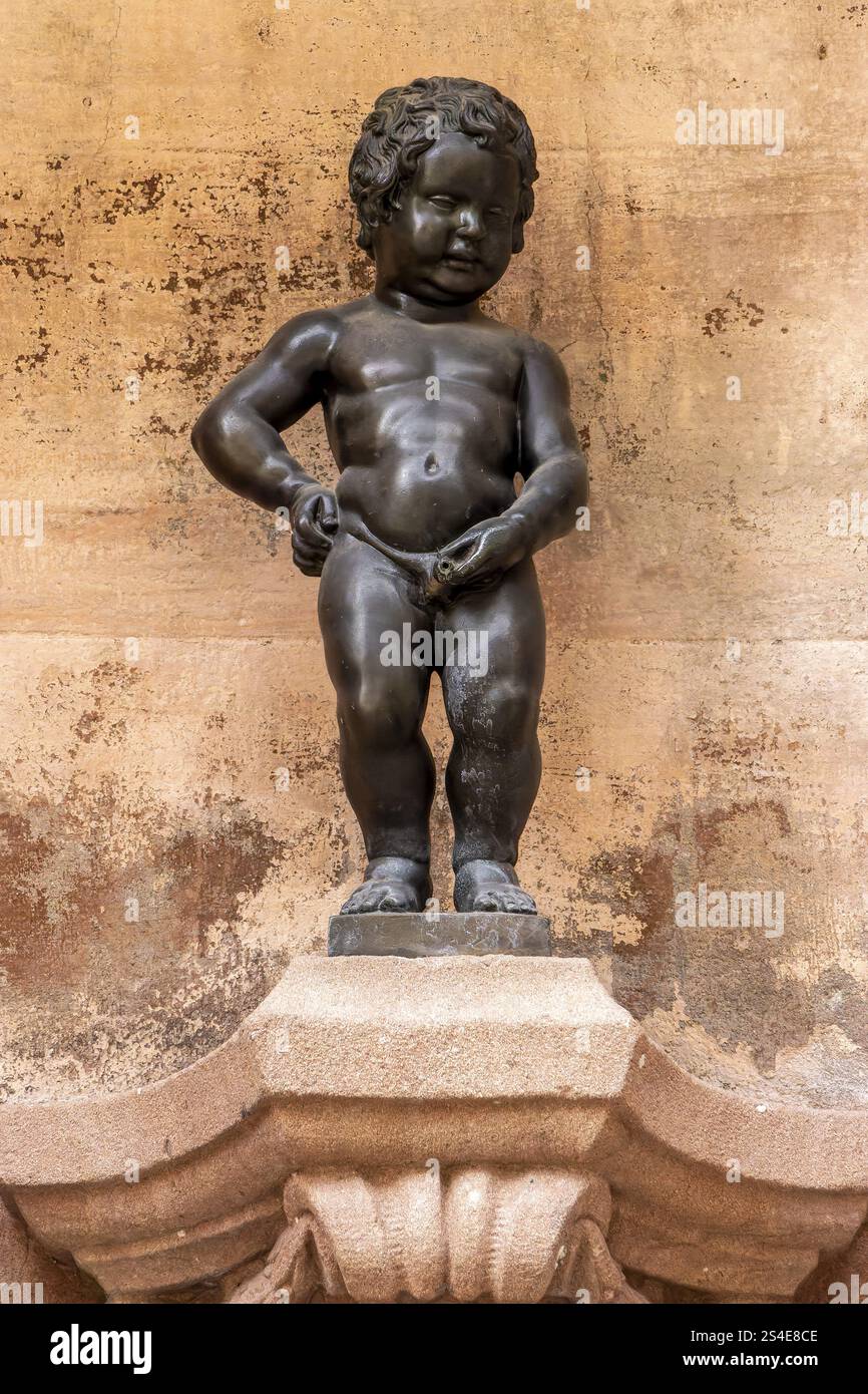 Scultura regalo belga Fontana del piccolo Giuliano o Manneken-Pis de Colmar nel tribunale in Rue des Augustins, Colmar, Alsazia, Departemen Foto Stock