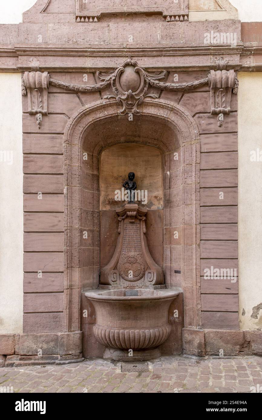Scultura regalo belga Fontana del piccolo Giuliano o Manneken-Pis de Colmar nel tribunale in Rue des Augustins, Colmar, Alsazia, Departemen Foto Stock