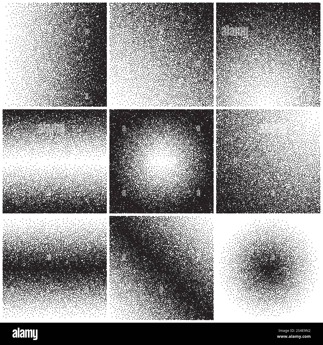 Texture di sabbia granulosa, rumore, gradiente grange, sfondi vettoriali con effetto di distensione sporco impostati. Effetto sabbia punteggiata caotica, superficie granulosa e effetto granuloso. Texture di sabbia granulosa, rumore, gradiente grange, sporco effetto distretto. Sfondo vettoriale impostato Illustrazione Vettoriale