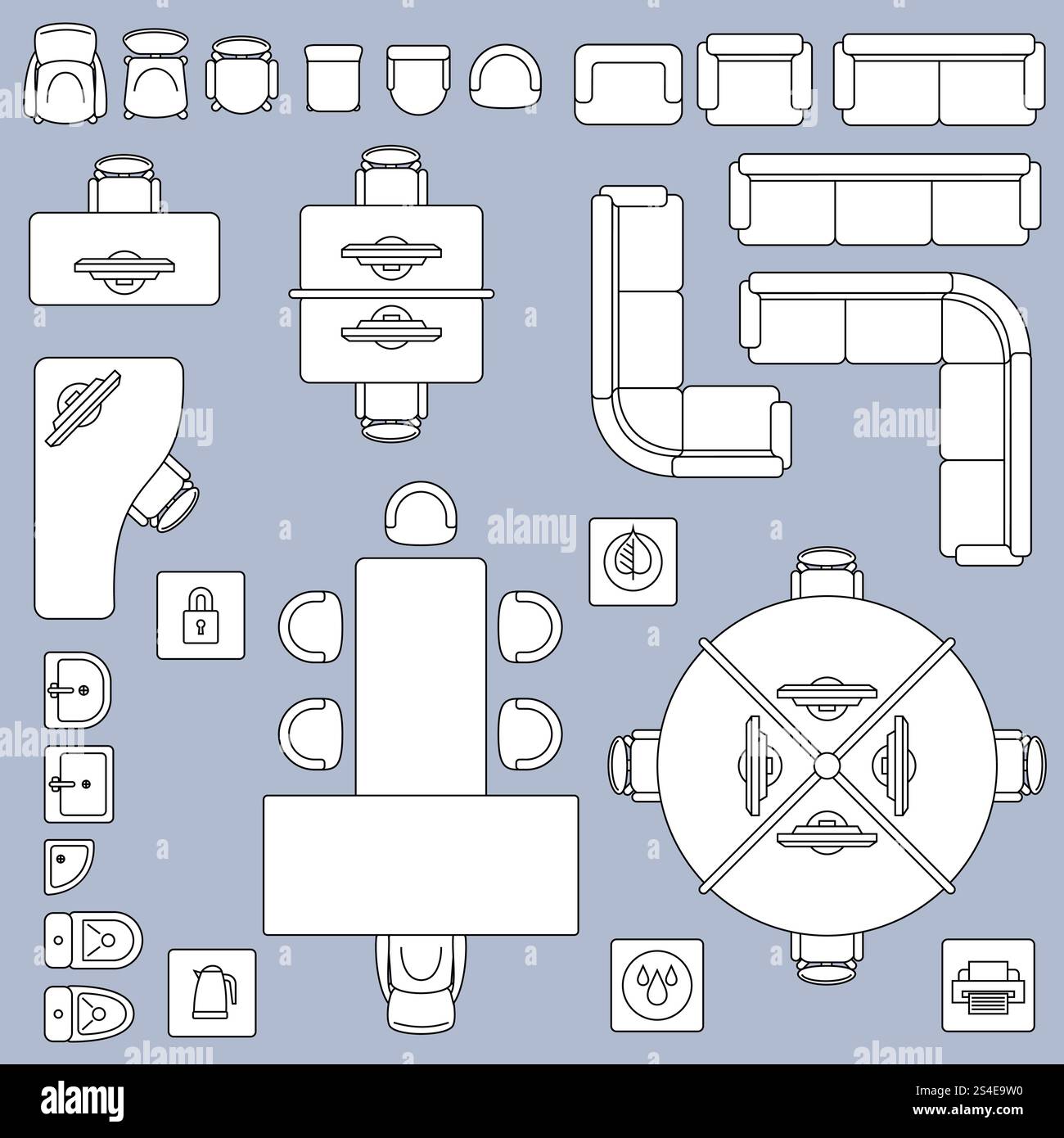 Arredi per riunioni d'ufficio, icone della linea vettoriale del piano architettonico. Mobili tavolo da ufficio e sedia, illustrazione di un ufficio di interior design. Arredi per riunioni d'ufficio, icone della linea vettoriale del piano architettonico Illustrazione Vettoriale
