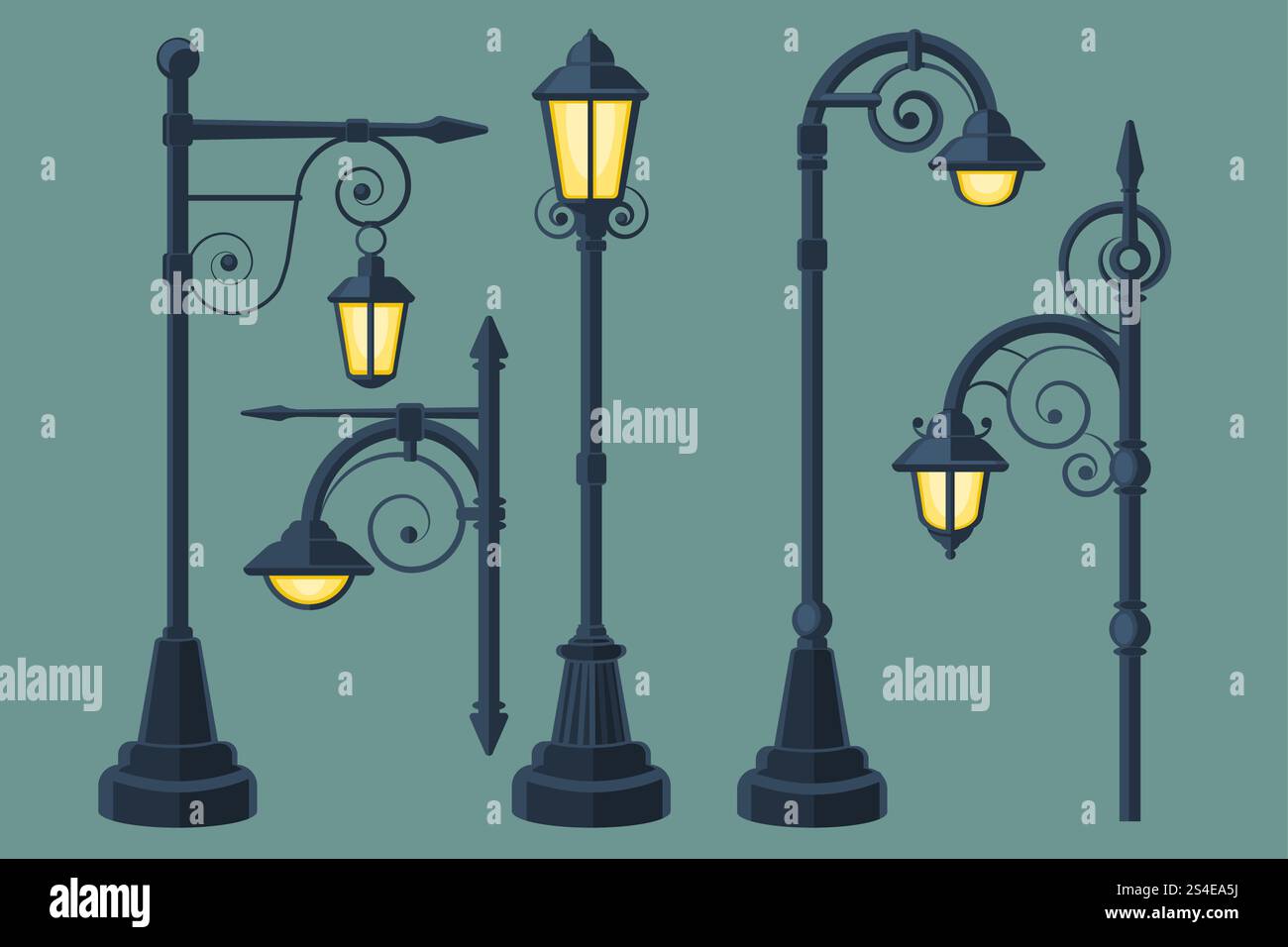 Cartoni animati, fumetti vintage e moderno set vettoriale di luci di strada. Lampione stradale con ricci, illustrazione di una lampada per la città. Cartoni animati, fumetti vintage e moderno set vettoriale di luci di strada Illustrazione Vettoriale