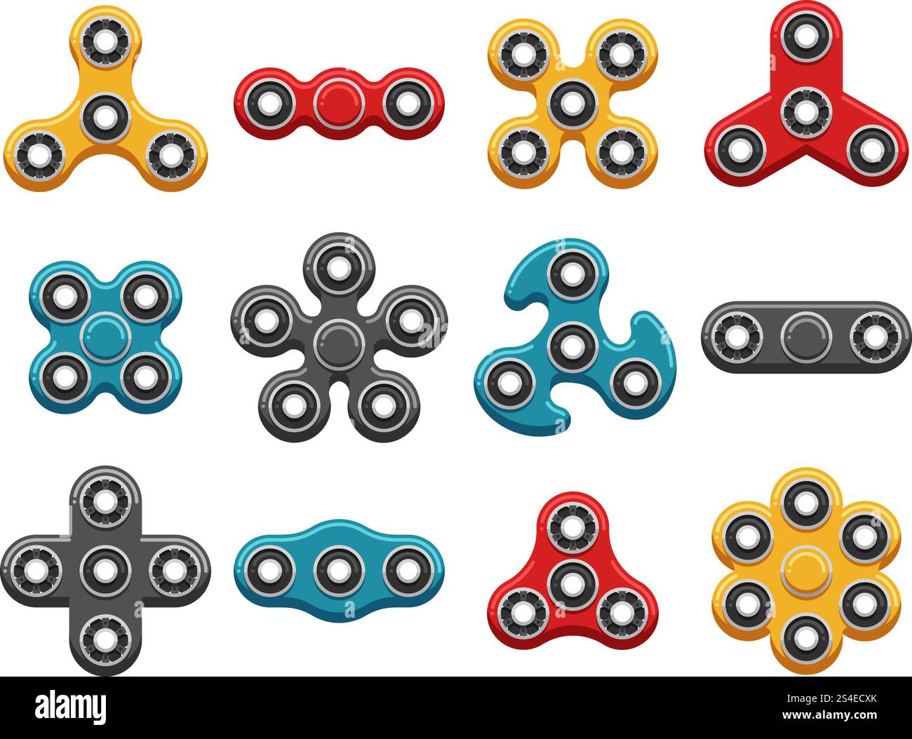 Icone vettoriali piatte dei giocattoli girevoli a mano. Vector fidget Spinners, lancette meccaniche con anello in acciaio, isolate su sfondo bianco. Icone vettoriali piatte dei giocattoli girevoli a mano Illustrazione Vettoriale
