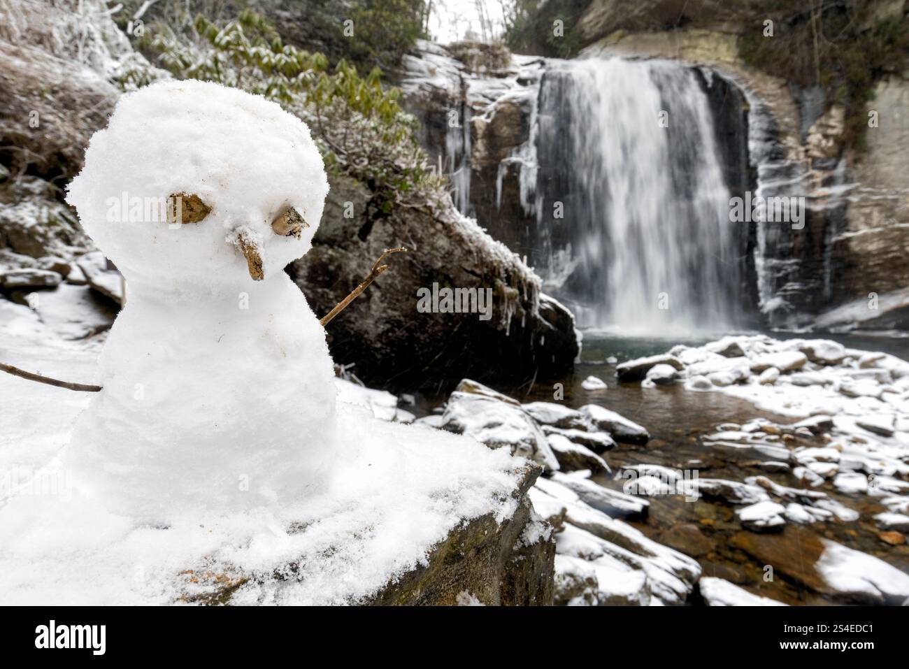 Simpatico pupazzo di neve a Looking Glass Falls in inverno - Pisgah National Forest - vicino a Brevard, North Carolina USA Foto Stock