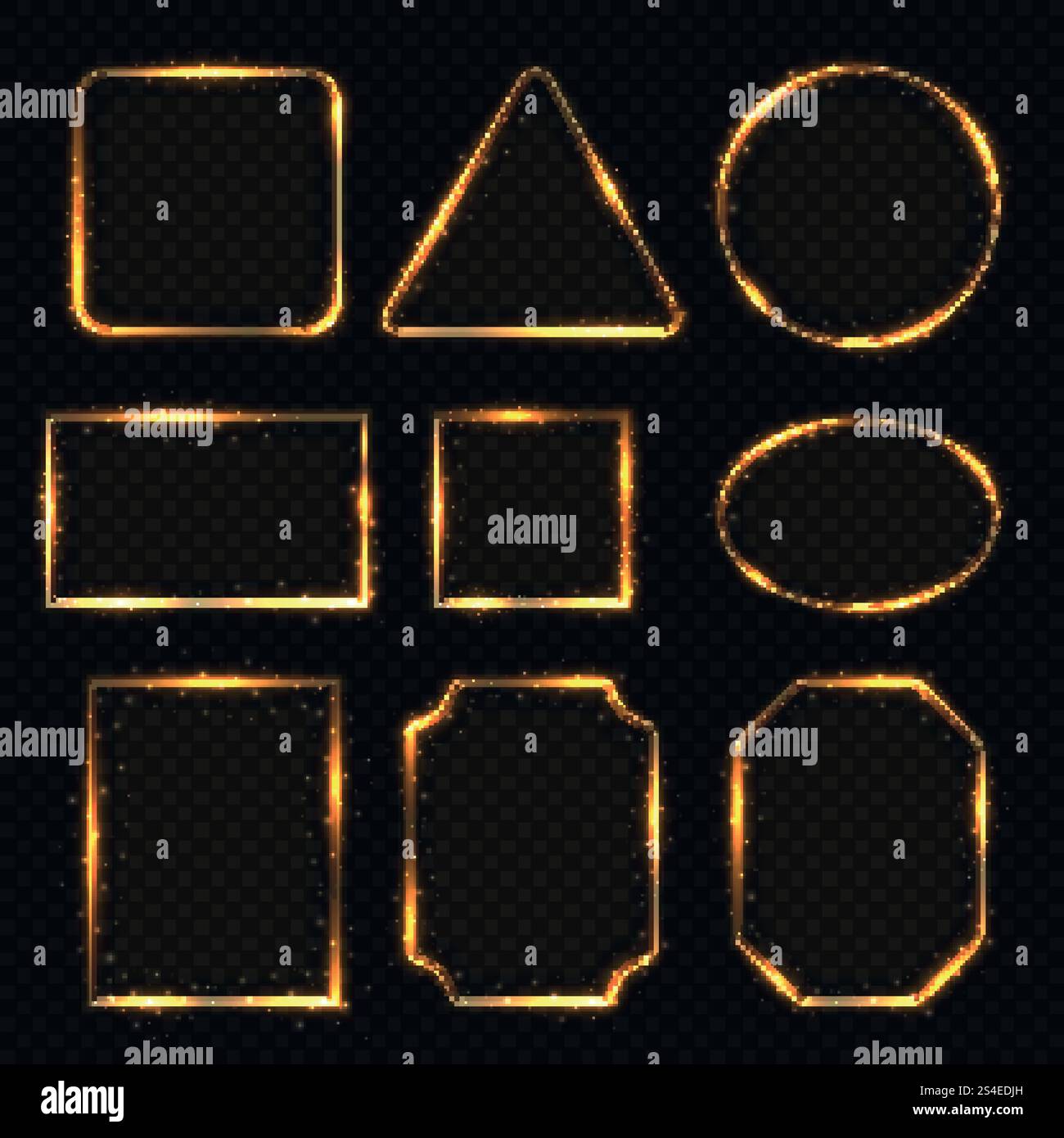 Bordi luminosi del rettangolo elettrico al neon dorato. Striscioni tondi e ovali luccicanti. Cornice rotonda e rettangolare, illustrazione della cornice quadrata e ovale. Bordi luminosi del rettangolo elettrico al neon dorato. Striscioni tondi e ovali luccicanti Illustrazione Vettoriale