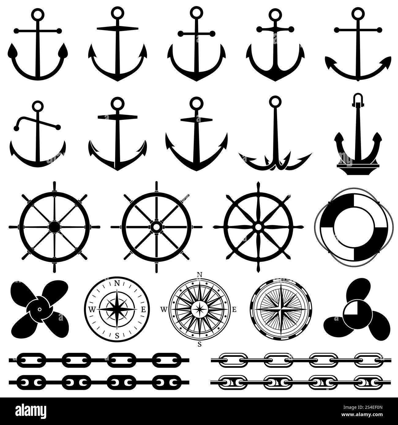 Icone di ancoraggi, timoni, catene, funi, nodi vettoriali. Elementi nautici per la progettazione marina. Set di elementi marini, illustrazione dell'equipaggiamento marino nero. Icone di ancoraggi, timoni, catene, funi, nodi vettoriali. Elementi nautici per la progettazione marina Illustrazione Vettoriale