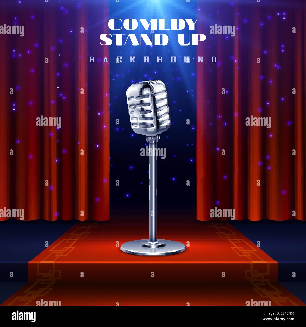 Commedia Stand Up Vector background con microfono retrò sul palco e tenda rossa. Spettacolo in piedi illustrazione di un poster di un concerto comico. Commedia Stand Up Vector background con microfono retrò sul palco e tenda rossa Illustrazione Vettoriale