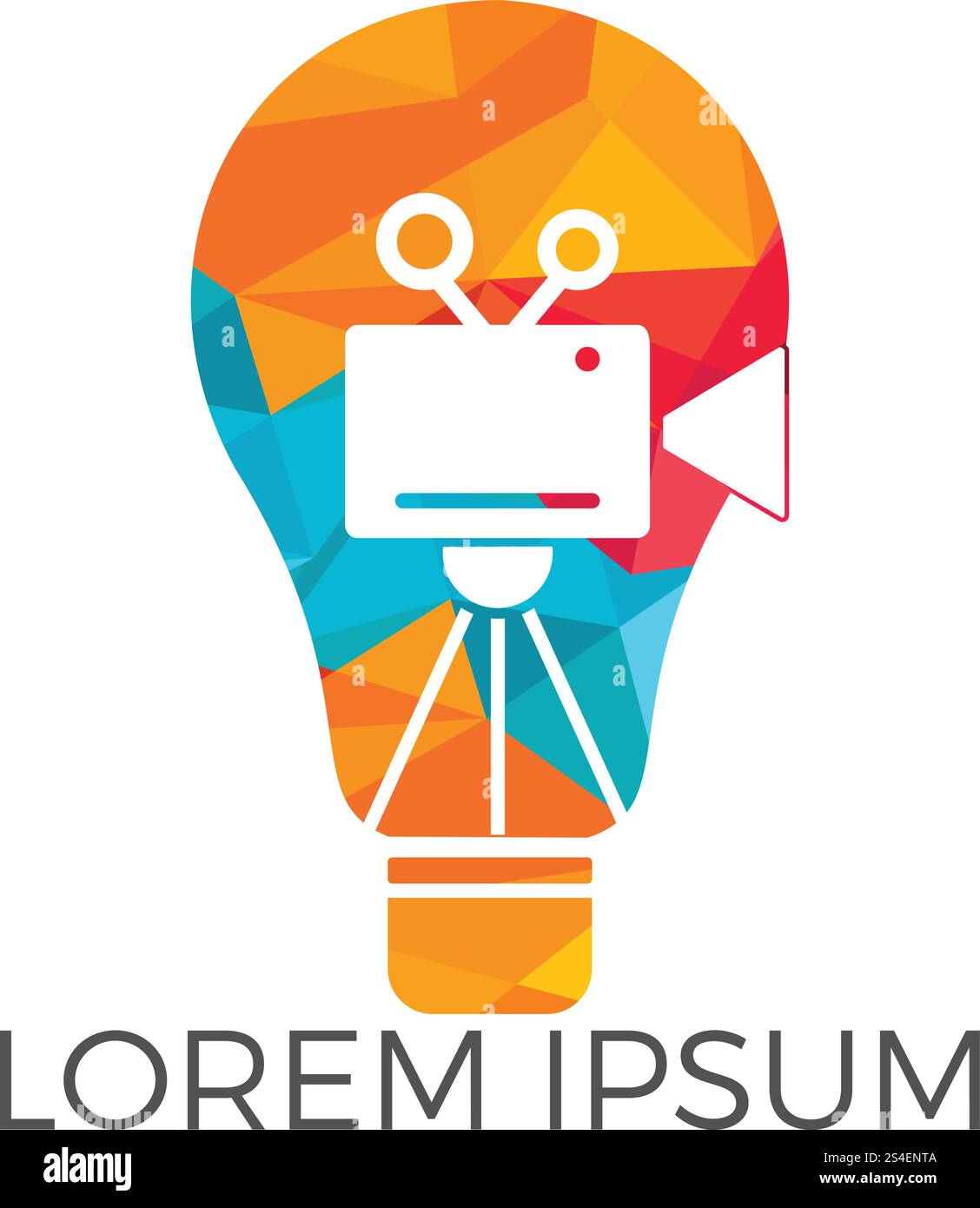 lampadina e logo della videocamera. Icona della lampadina con una fotocamera. Illustrazione Vettoriale