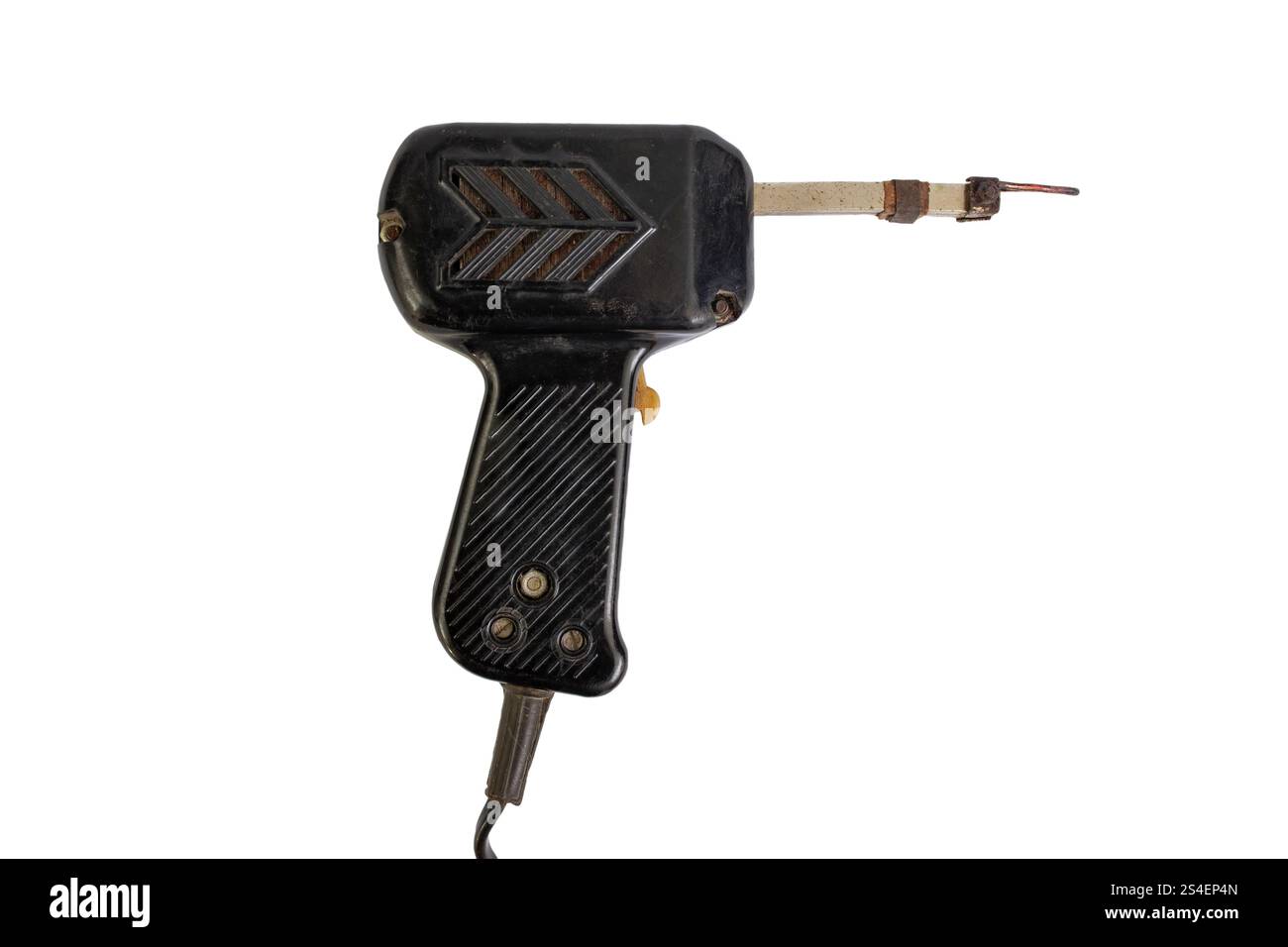 Pistola per saldatura elettronica vintage, isolata su bianco Foto Stock