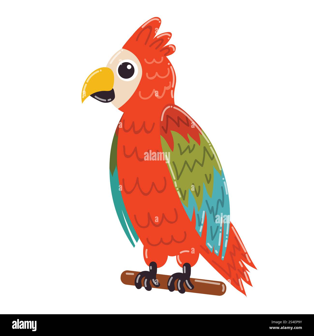 Carino pappagallo rosso Macaw seduto sul bastone. Pappagallo tropicale in stile piatto isolato su sfondo bianco. Illustrazione Vettoriale