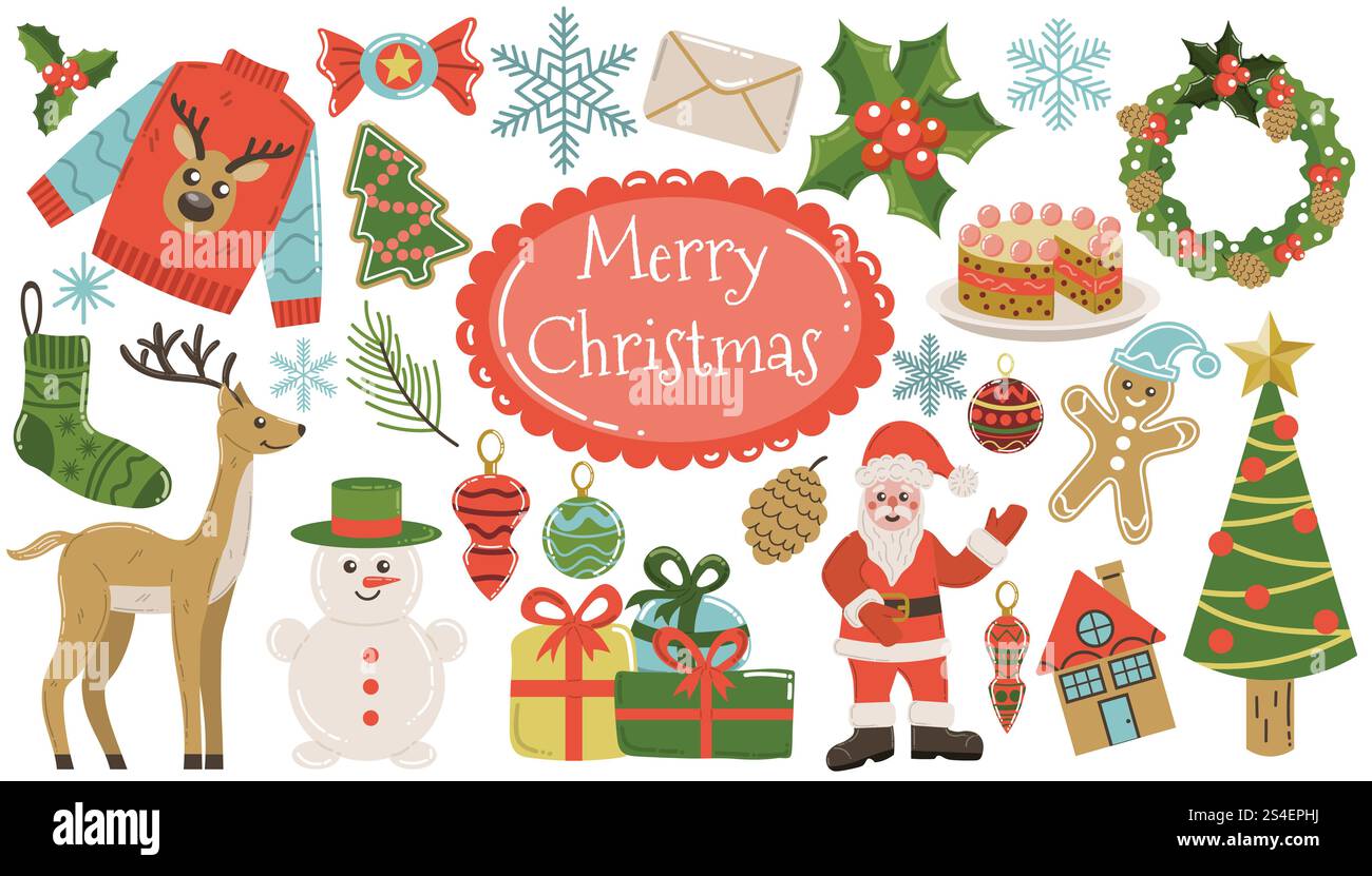 Carino cartone animato Merry Christmas collezione di elementi di design con Babbo Natale e regali, pupazzo di neve e cervo, torta e corona isolata sul bianco. Inverno Illustrazione Vettoriale
