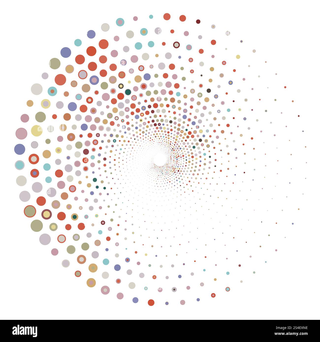 Colorato cerchio di mezzitoni pop art retrò. Trama tonda tratteggiata. Turbolenza, forma a tornado. Illustrazione Vettoriale