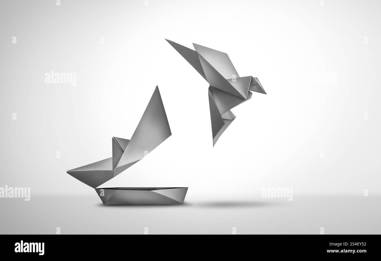 Successo e cambiamento o cambiamento per la leadership e l'aspirazione o la libertà come trasformazione aziendale innovazione ed evoluzione come l'infanzia fino alla maturità Foto Stock