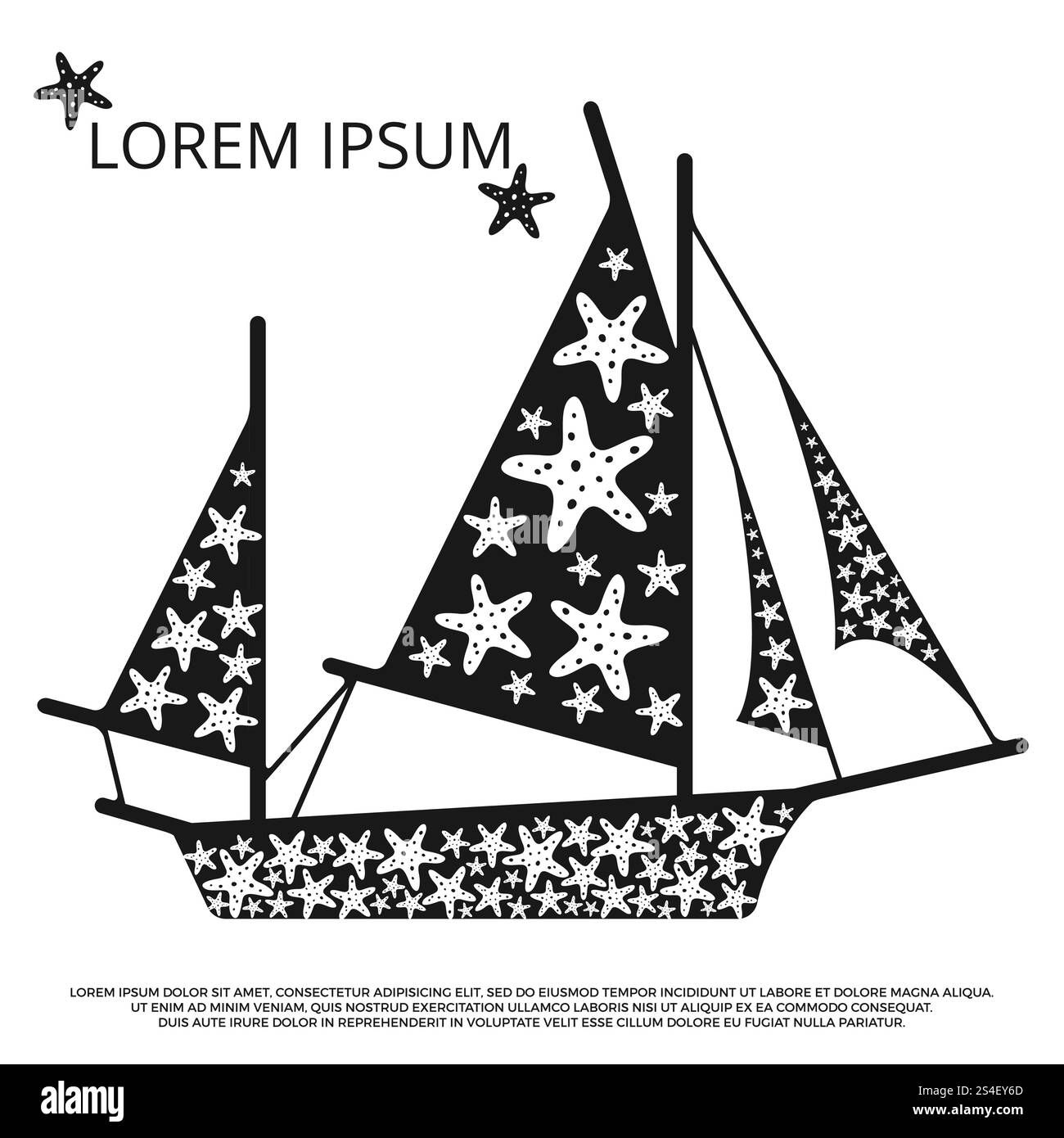 Barca a vela bianca e nera con stelle marine. Barca a vela e nave, illustrazione vettoriale. Barca a vela bianca e nera con stelle marine Illustrazione Vettoriale