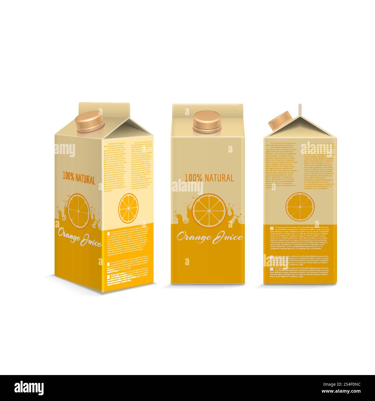 Scatola per succo d'arancia realistica con diverse sporgenze isolate. Illustrazione vettoriale. Scatola per succo d'arancia realistica Illustrazione Vettoriale