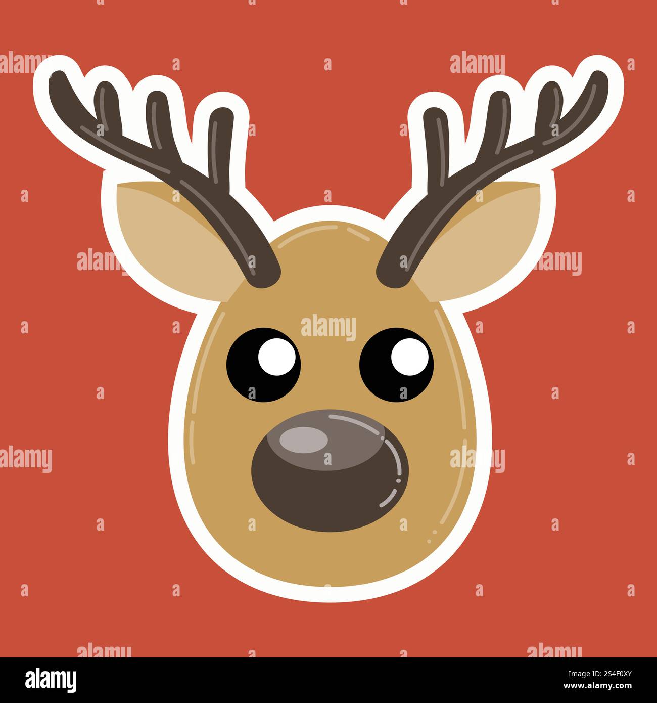 Simpatico adesivo cartoni animati di cervo di Natale isolato su sfondo rosso. Biglietto d'auguri o poster. Illustrazione Vettoriale