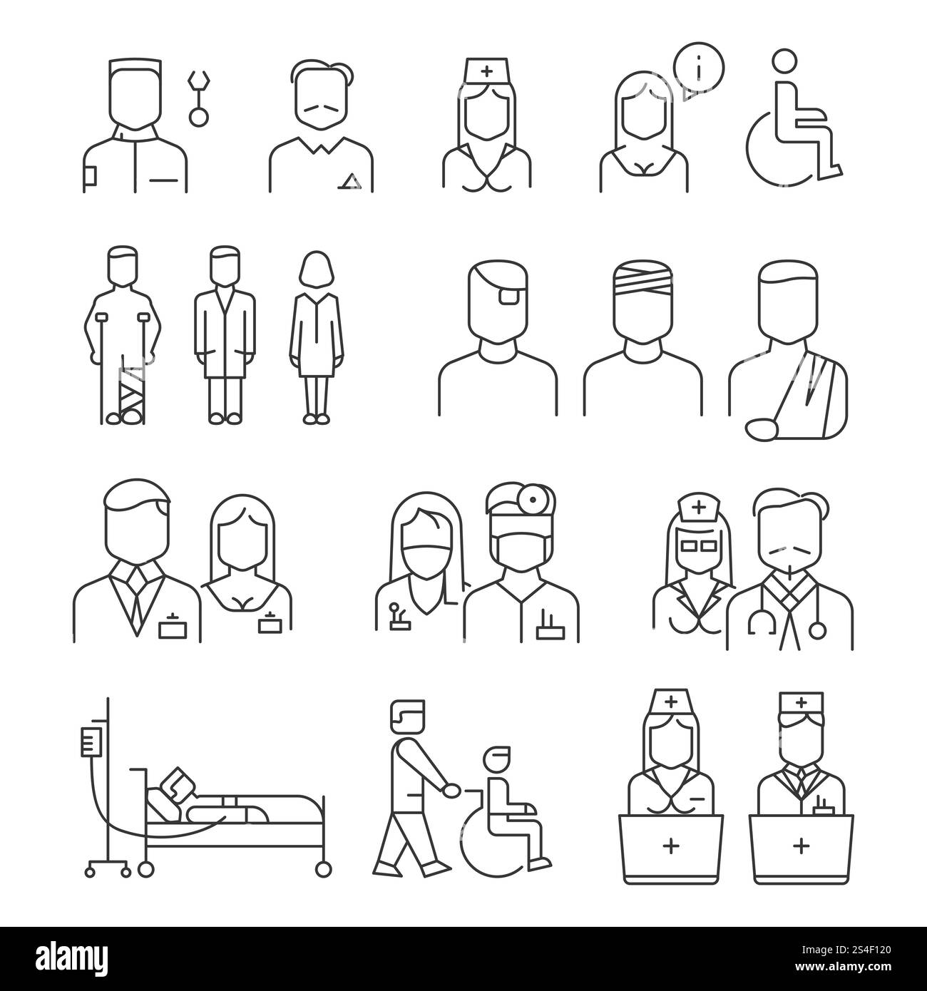Set di icone di linea sottile per il personale ospedaliero. Specialista e paziente, illustrazione vettoriale. Set di icone di linea sottile per il personale ospedaliero Illustrazione Vettoriale