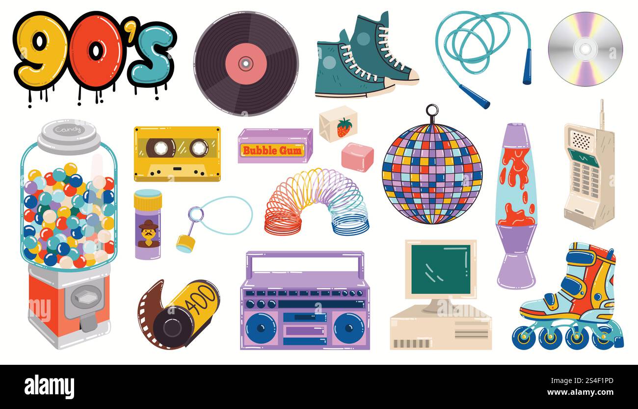 Una collezione di giocattoli, caramelle e gadget in stile cartoni animati anni '90. graffiti e boombox anni '90, macchina per gomma da bolle e personal computer retrò. Set di y2k e. Illustrazione Vettoriale