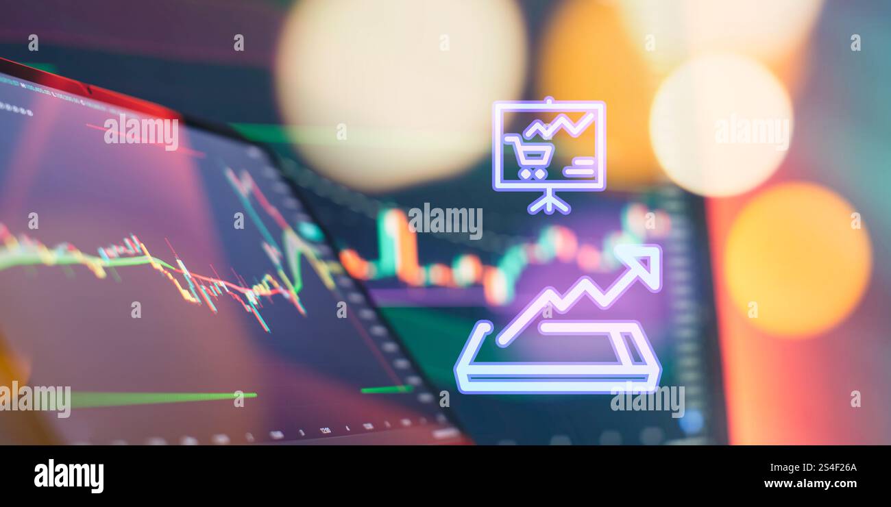 Dashboard finanziario digitale con grafico del mercato azionario e analisi del carrello Foto Stock