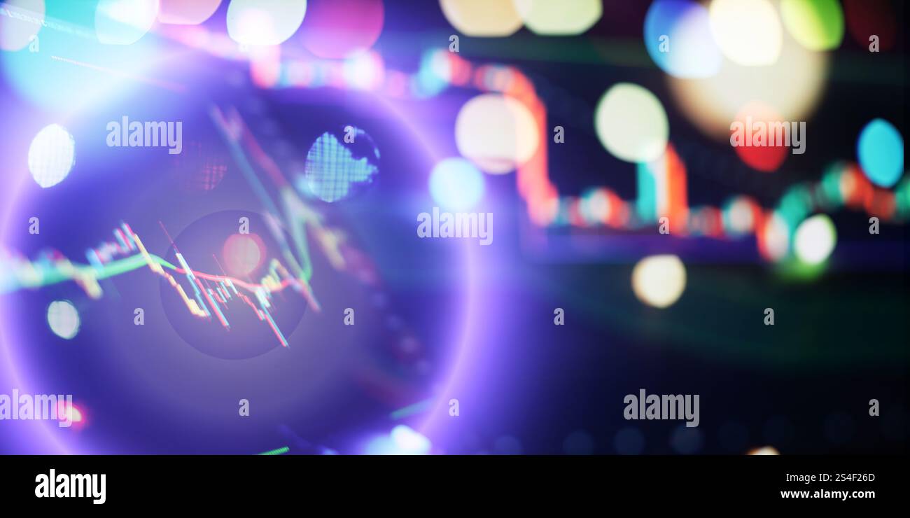 Grafico finanziario digitale astratto con grafici a candele colorate e linee di tendenza Foto Stock