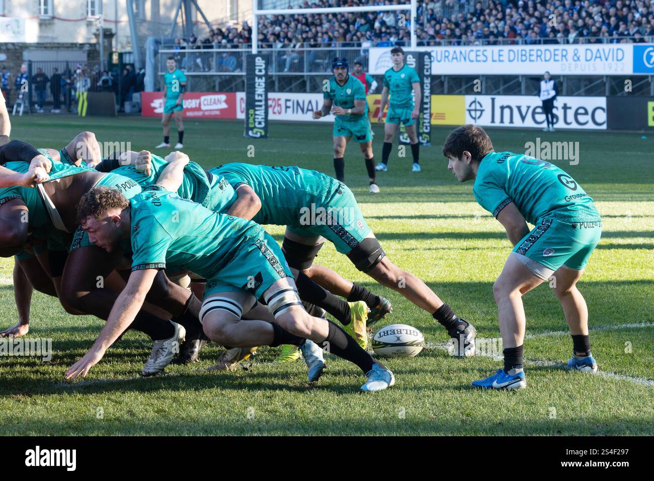 Leon Boulier, Jules le Bail di Vannes durante l'EPCR Challenge Cup, la partita di rugby a 15 Pool 3 tra RC Vannes e Edinburgh Rugby l'11 gennaio 2025 allo stadio la Rabine di Vannes, in Francia Foto Stock