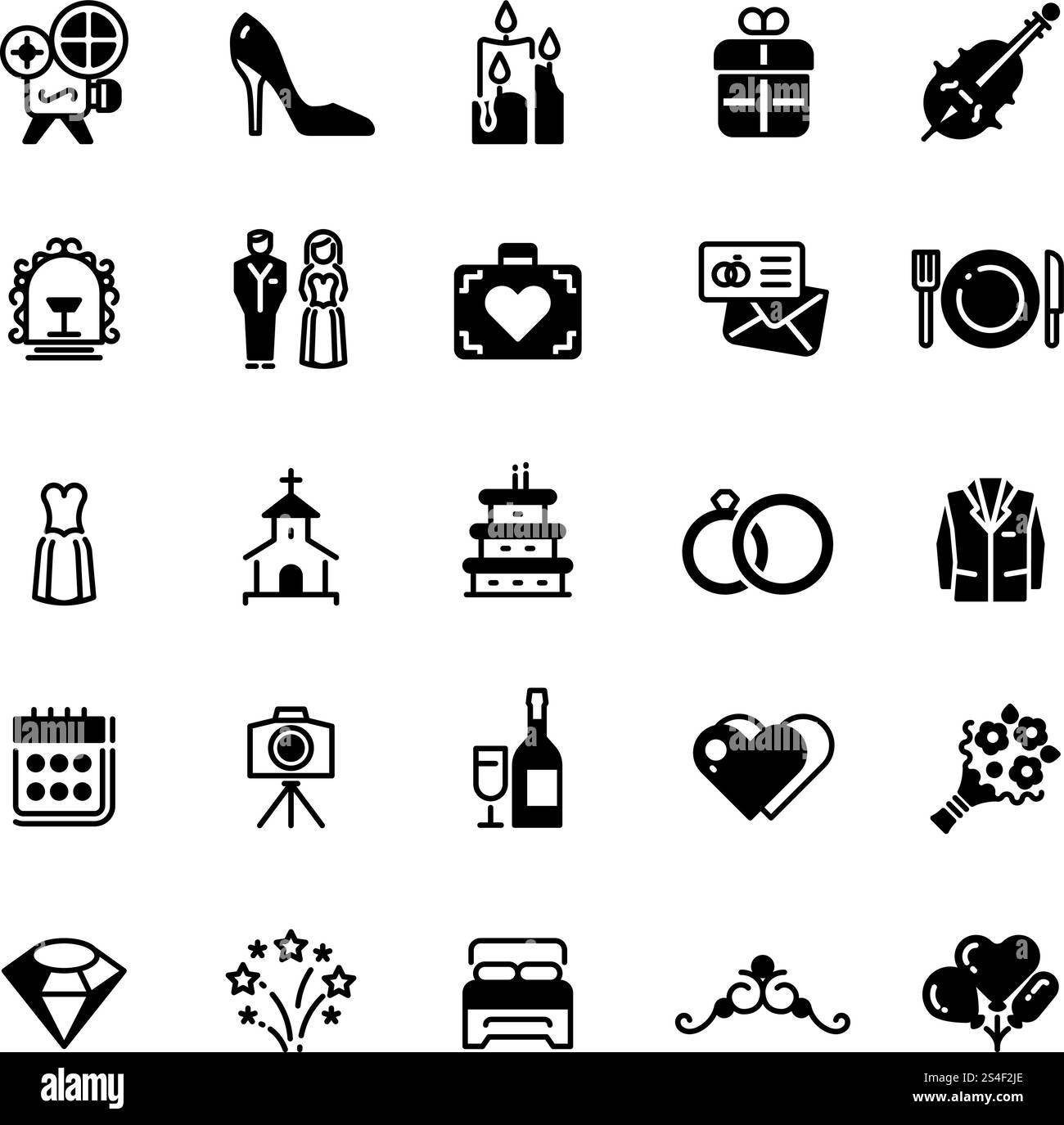 Simboli vettoriali nuziali. Icone di silhouette nera vettoriale per matrimoni isolate sul bianco. Collezione di icone nuziali con silhouette nera. Simboli vettoriali nuziali. Icone di silhouette nera vettoriale per matrimoni isolate sul bianco Illustrazione Vettoriale