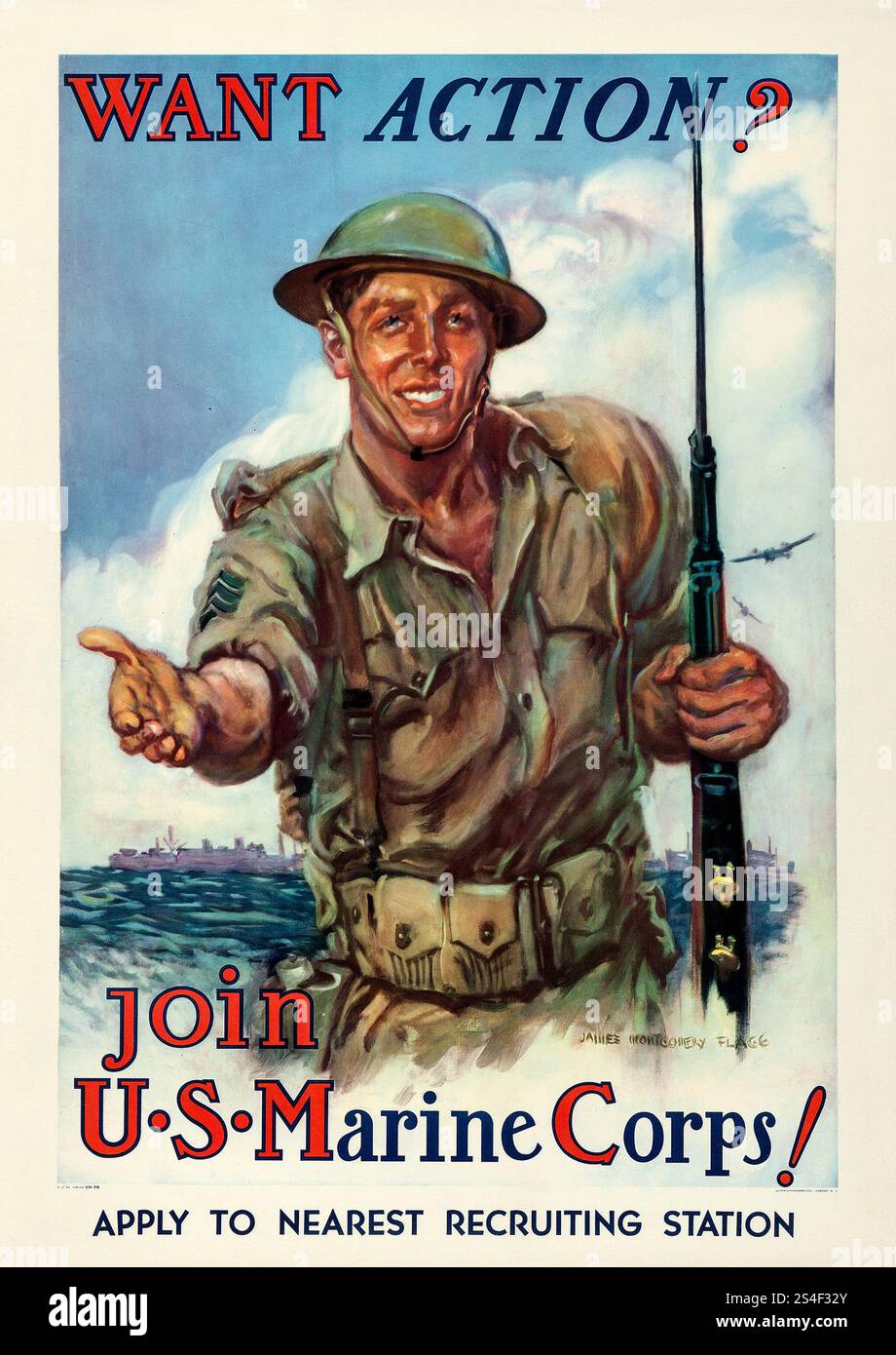 Vuoi azione: Unisciti al corpo dei Marines degli Stati Uniti (Ufficio Stampa del governo degli Stati Uniti, 1942). Manifesto di reclutamento della seconda Guerra Mondiale - illustrazione di James Montgomery Flagg - Marine con fucile Foto Stock