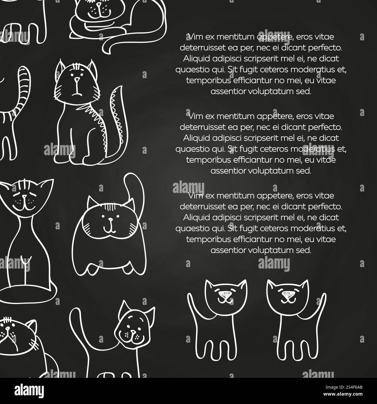 Poster della lavagna dei gatti Doodle - sfondo degli animali disegnato a mano. Illustrazione vettoriale. Doodle gatti lavagna sfondo poster Illustrazione Vettoriale