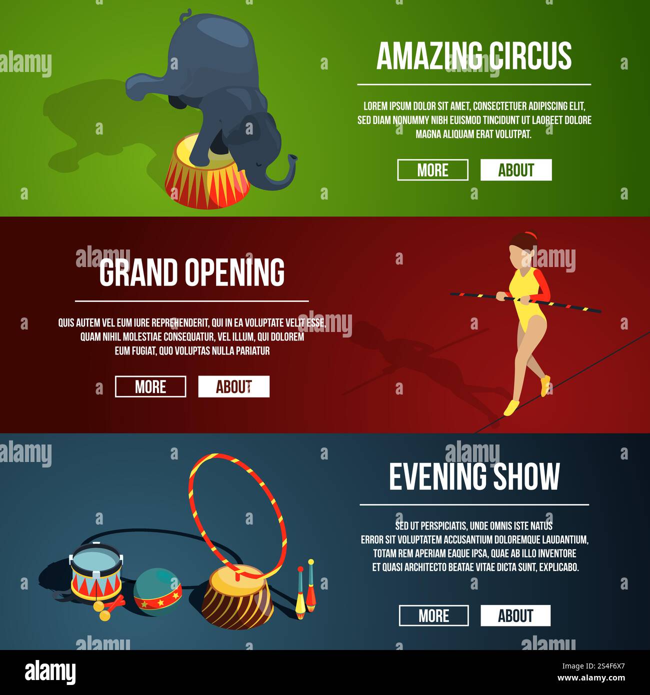 Invito allo spettacolo di magia del circo. Tre striscioni vettoriali orizzontali in stile cartone animato. Un circo incredibile e un'illustrazione con striscioni di apertura. Invito allo spettacolo di magia del circo. Tre striscioni vettoriali orizzontali in stile cartone animato Illustrazione Vettoriale