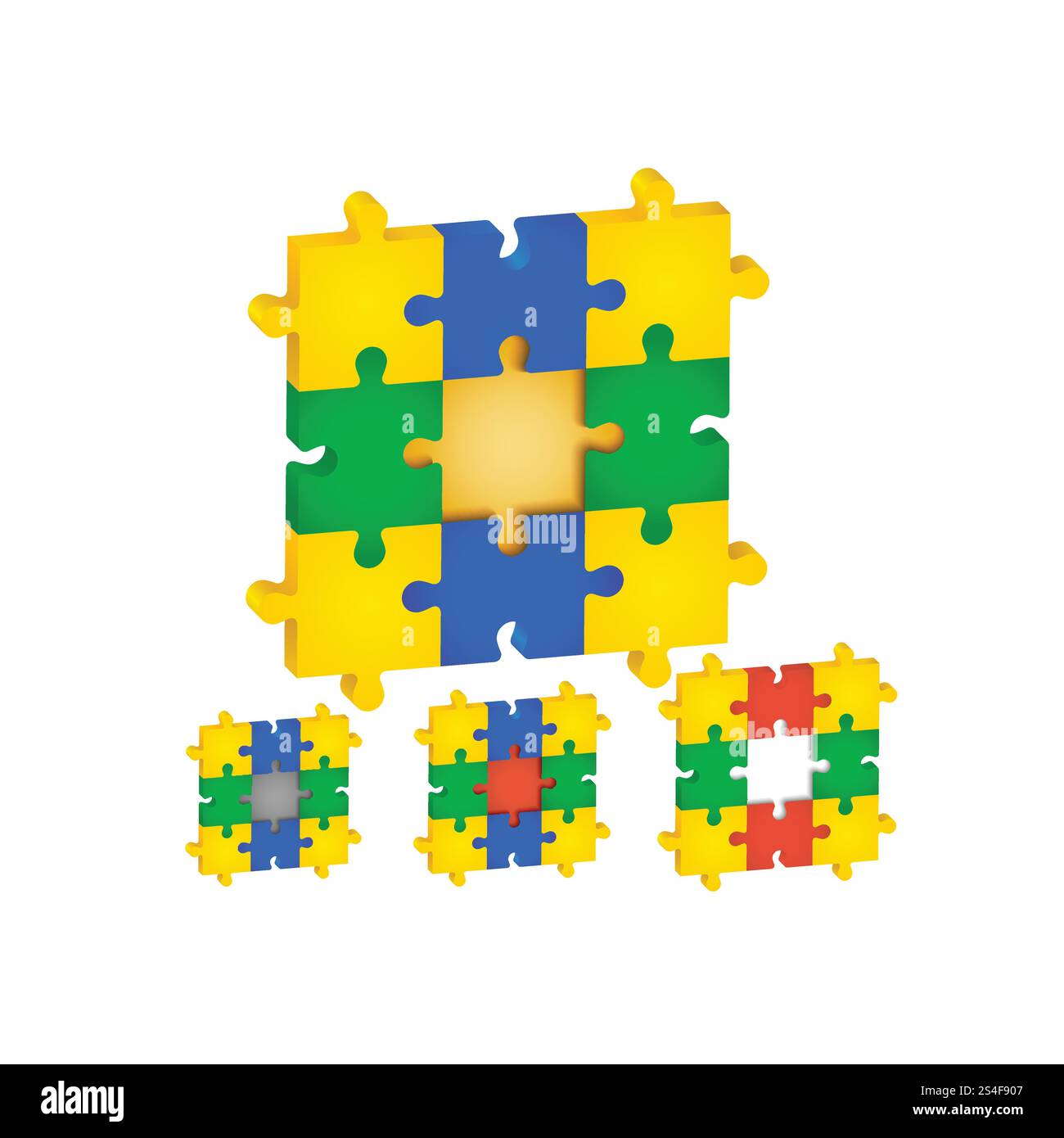 Set di rompicapo, colori diversi al centro. Enigmi sul concetto di business Illustrazione Vettoriale