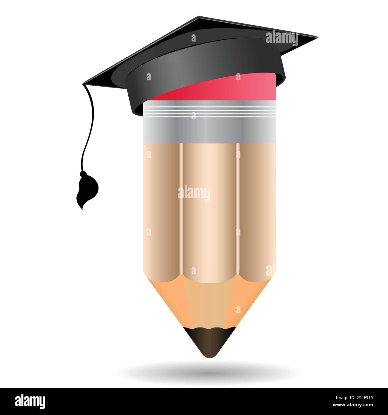 Matita con visiera graduata su sfondo bianco. Laurea concettuale a scuola, college. Illustrazione Vettoriale