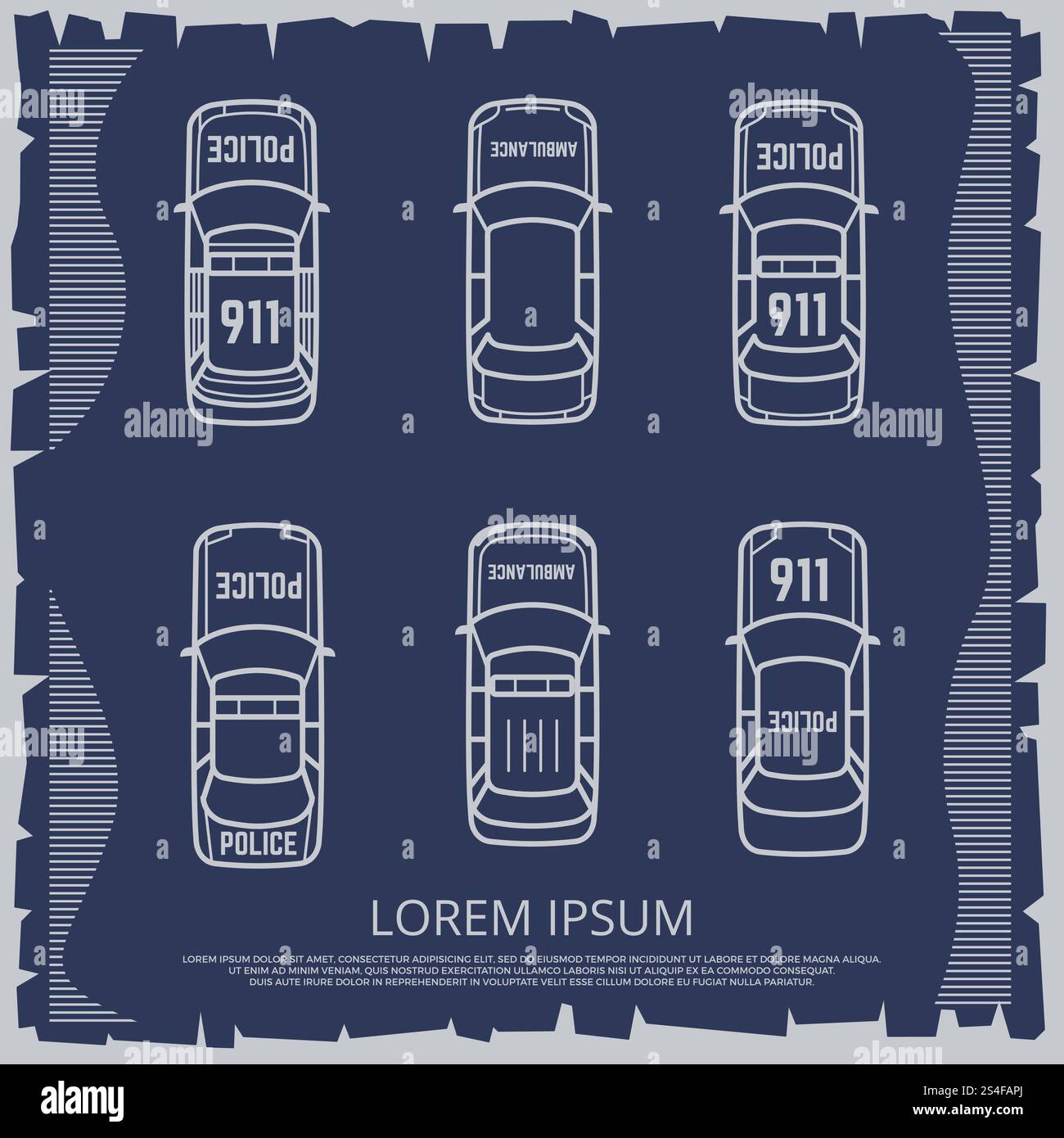 Manifesto d'epoca delle auto della polizia e dell'ambulanza. Trasporto di veicoli di emergenza. Illustrazione vettoriale. Auto della polizia e dell'ambulanza d'epoca Illustrazione Vettoriale