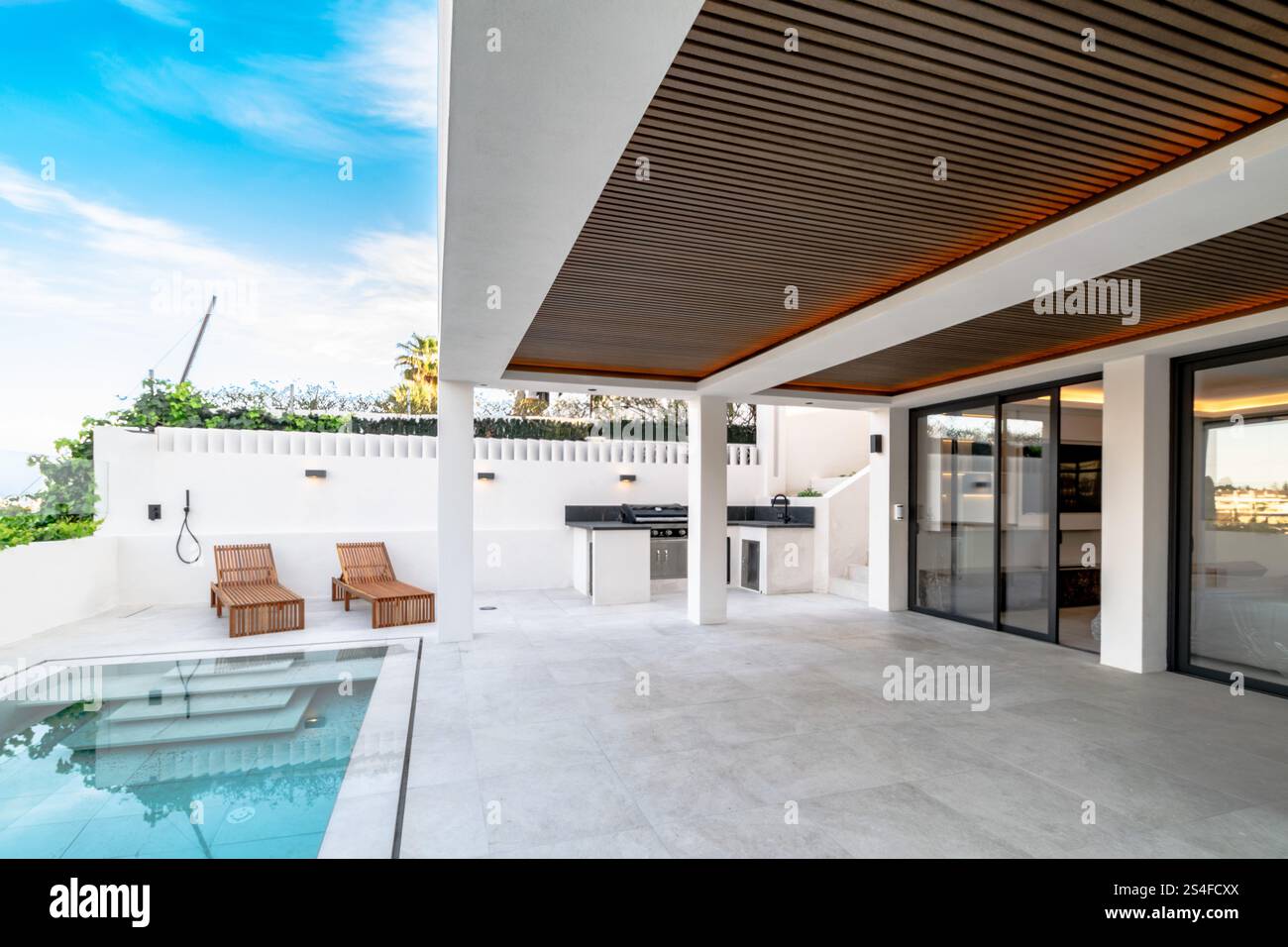 immagine di un giardino accanto ad una piscina privata e cucina privata esterna in villa mediterranea Foto Stock