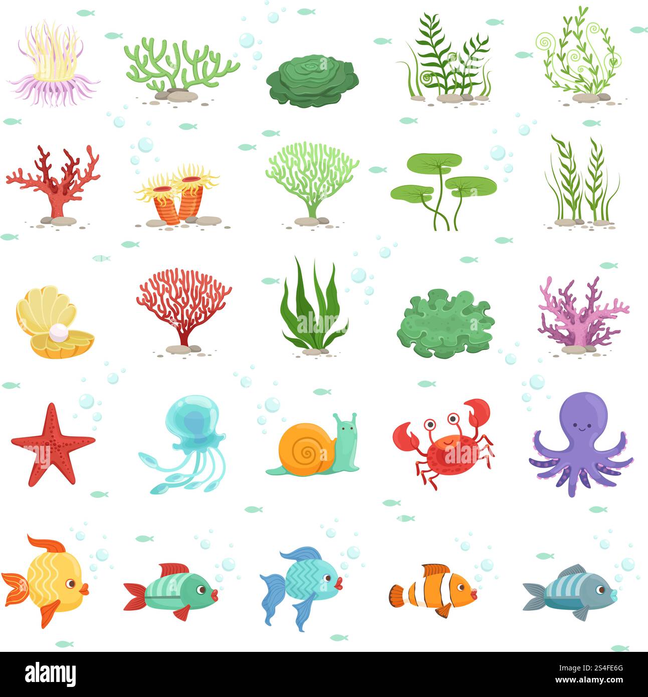 Animali marini, raccolta di pesci e piante subacquee. Fauna selvatica acquatica. Illustrazione vettoriale. Pesci e fauna sott'acqua, polpi naturali e lumaca di mare. Animali marini, raccolta di pesci e piante subacquee. Fauna selvatica acquatica. Illustrazione vettoriale Illustrazione Vettoriale