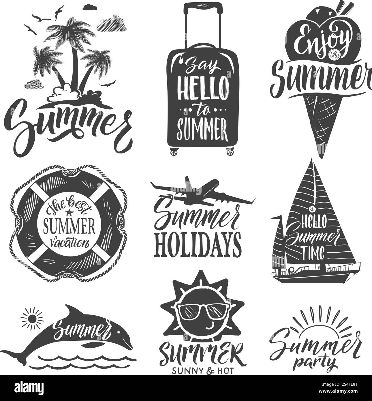 Logo testo per le feste estive. Lettere ed elementi di design affogati a mano. Set di ilustrazioni vettoriali. Vacanze estive, logo di viaggio festa estiva. Logo testo per le feste estive. Lettere ed elementi di design affogati a mano. Set di ilustrazioni vettoriali Illustrazione Vettoriale