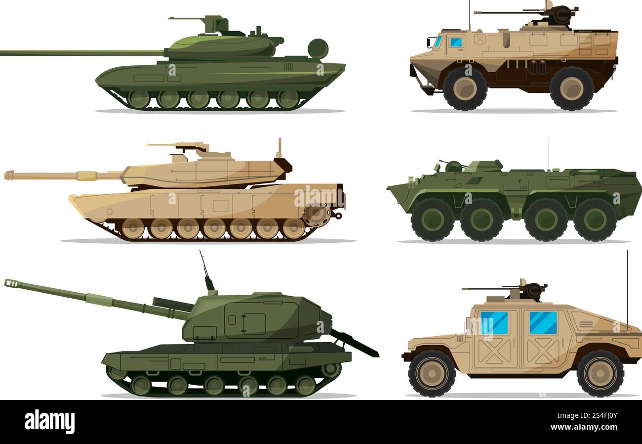 Veicolo militare. Diverse macchine di artiglieria supportano. Trasporto pesante dell'esercito isolato sul bianco. Illustrazioni di macchine militari in stile piatto, carri armati e artiglieria. Veicolo militare. Diverse macchine di artiglieria supportano. Trasporto pesante dell'esercito isolato sul bianco. Illustrazioni in stile piatto Illustrazione Vettoriale