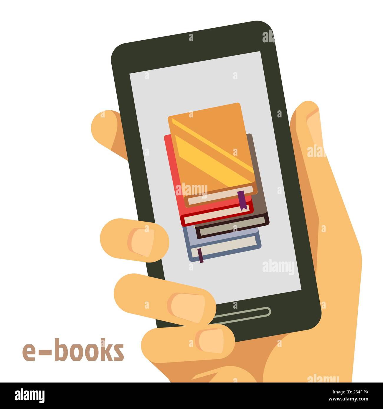 E-book semplici con smartphone in mano. Libreria di e-book sul dispositivo smartphone, illustrazione vettoriale. E-book semplici con smartphone in mano Illustrazione Vettoriale