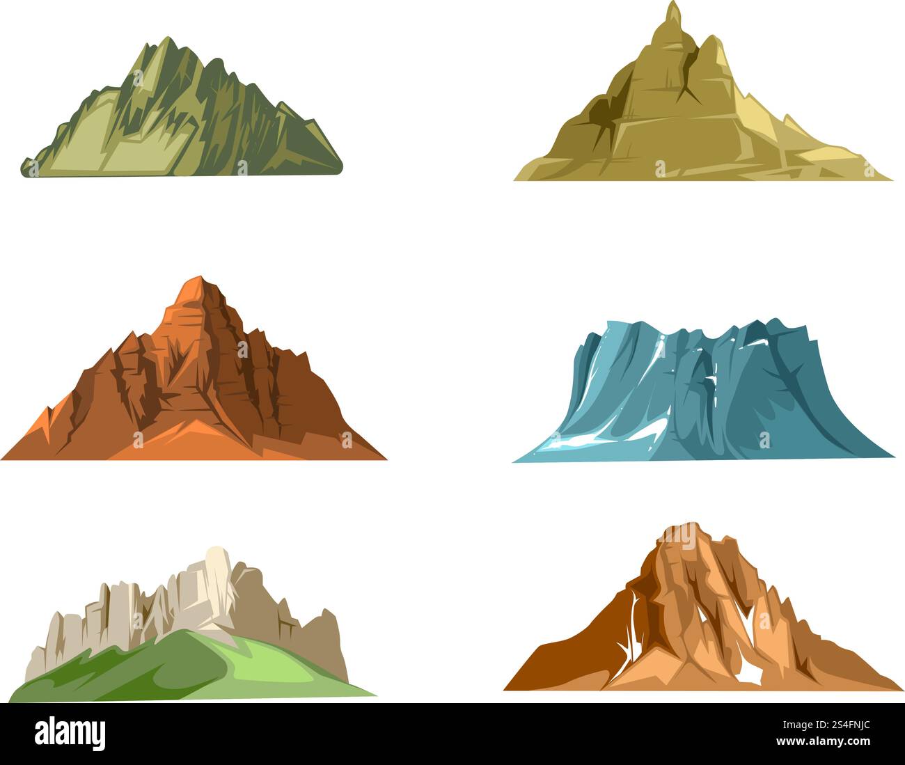 Paesaggi naturali con verdi colline e montagne innevate vettore cartoon. Insieme di montagne con neve e erba verde, illustrazione di roccia di montagna. Paesaggi naturali con verdi colline e montagne innevate, set vettoriale di cartoni animati Illustrazione Vettoriale