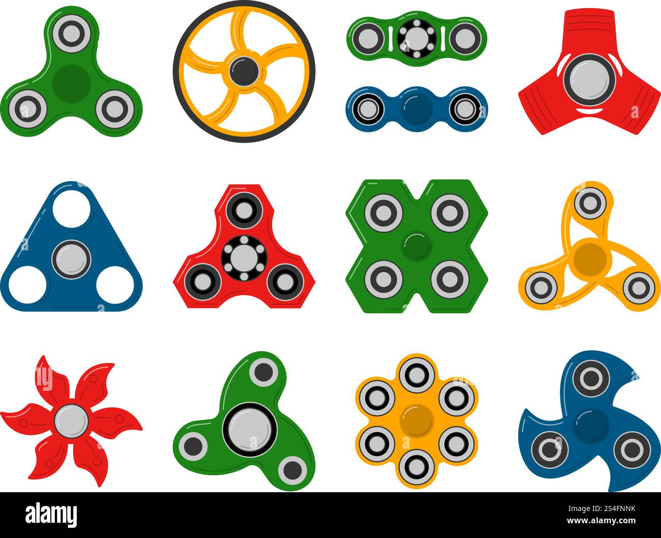 Giocattoli rotanti a mano per giochi anti-stress. Immagini vettoriali di forme diverse. Collezione di giocattoli a mano riservati a colori per illustrazioni rilassanti. Giocattoli rotanti a mano per giochi anti-stress. Immagini vettoriali di forme diverse Illustrazione Vettoriale