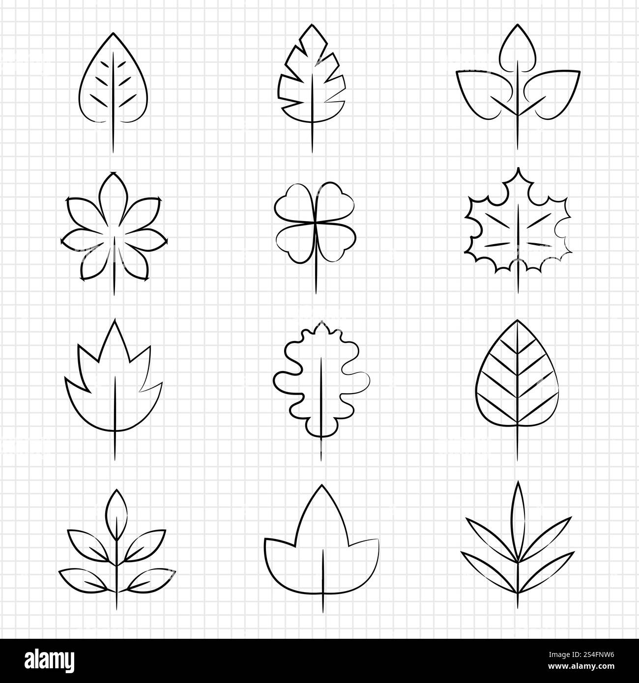 La linea sottile lascia la raccolta sulla pagina del notebook. Illustrazione del vettore e della lamella lineare. Raccolta di foglie sottili Illustrazione Vettoriale