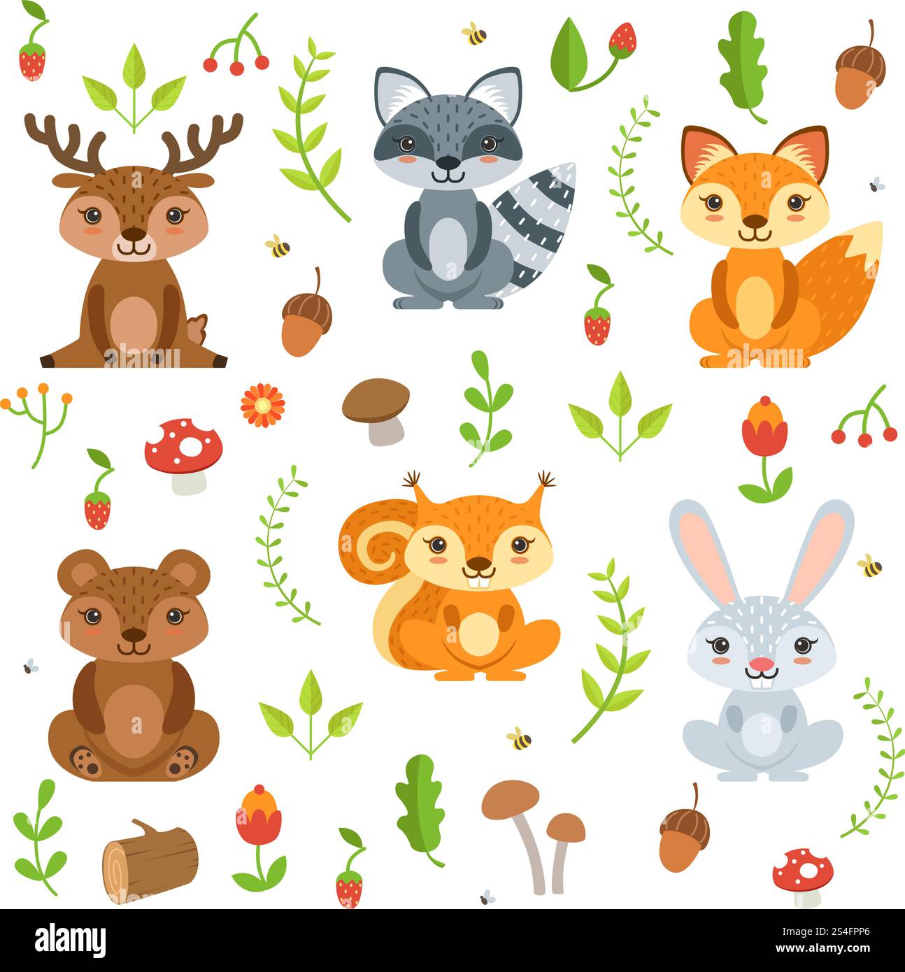 Divertenti animali della foresta ed elementi floreali isolano su sfondo bianco. Illustrazione vettoriale cartoni animati animali cervi e orsi, procioni e scoiattoli. Divertenti animali della foresta ed elementi floreali isolano su sfondo bianco. Illustrazione vettoriale in stile cartone animato Illustrazione Vettoriale