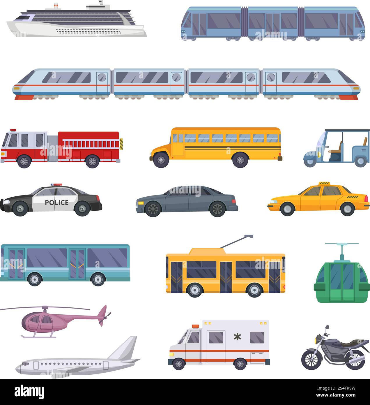Diversi set di trasporto municipale. Illustrazioni vettoriali delle auto. Ritiro dell'ambulanza e della polizia, camion dei pompieri e auto di servizio taxi. Diversi set di trasporto municipale. Illustrazioni vettoriali delle auto Illustrazione Vettoriale