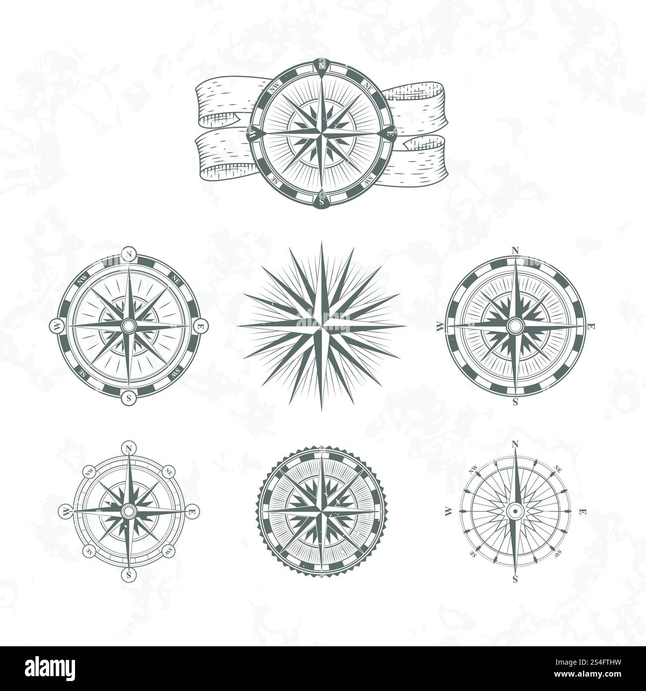 Bussola nautica. Rosa del vento marino per le mappe. Illustrazioni vettoriali in stile vintage. Set di bussola nautica per la navigazione nella progettazione di mappe. Bussola nautica. Rosa del vento marino per le mappe. Illustrazioni vettoriali in stile vintage Illustrazione Vettoriale
