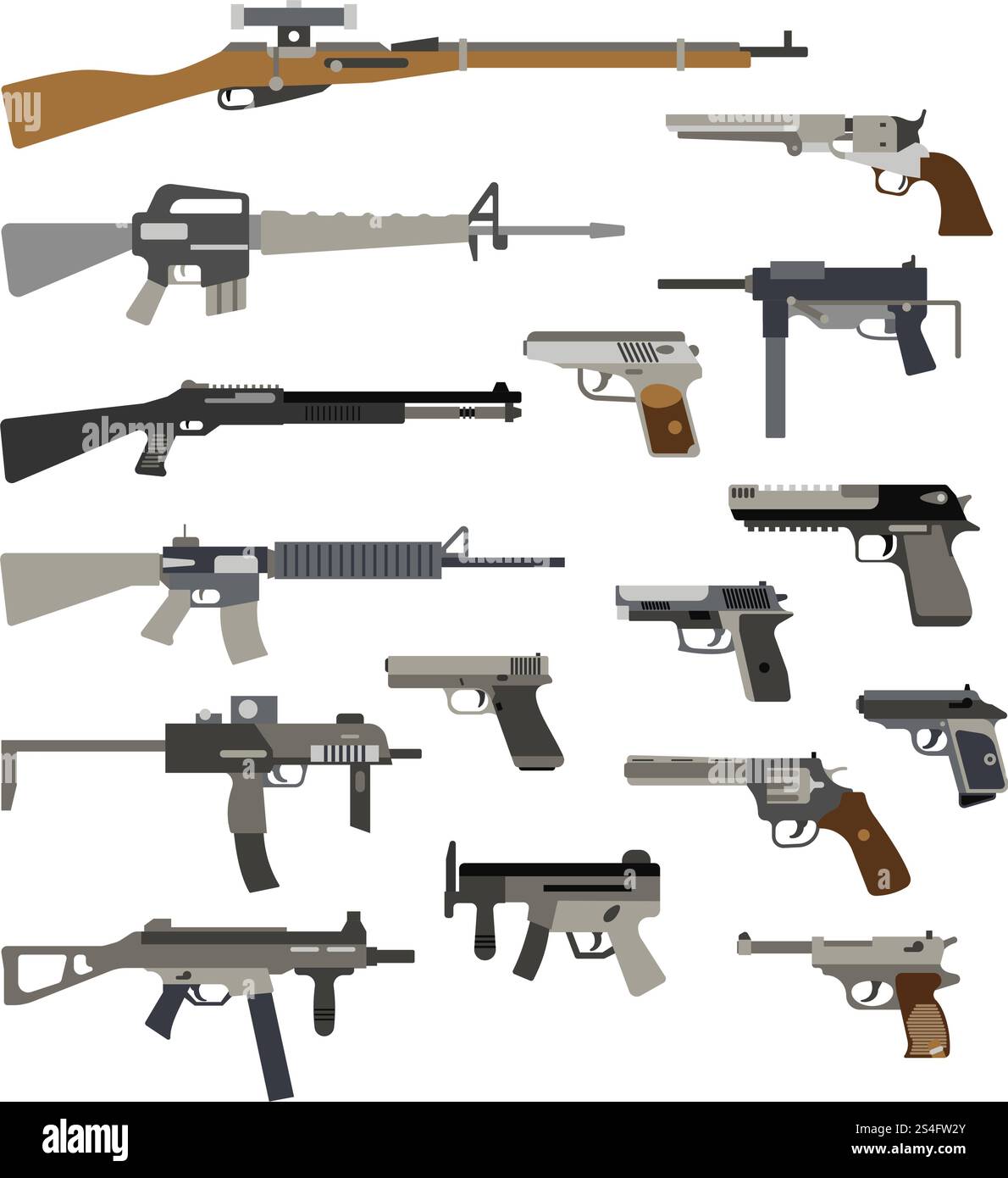 Diverse armi automatiche. Vettore di pistole e pistole. Fucile militare e revolver, illustrazione della mitragliatrice. Diverse armi automatiche. Illustrazione vettoriale di pistole e pistole Illustrazione Vettoriale